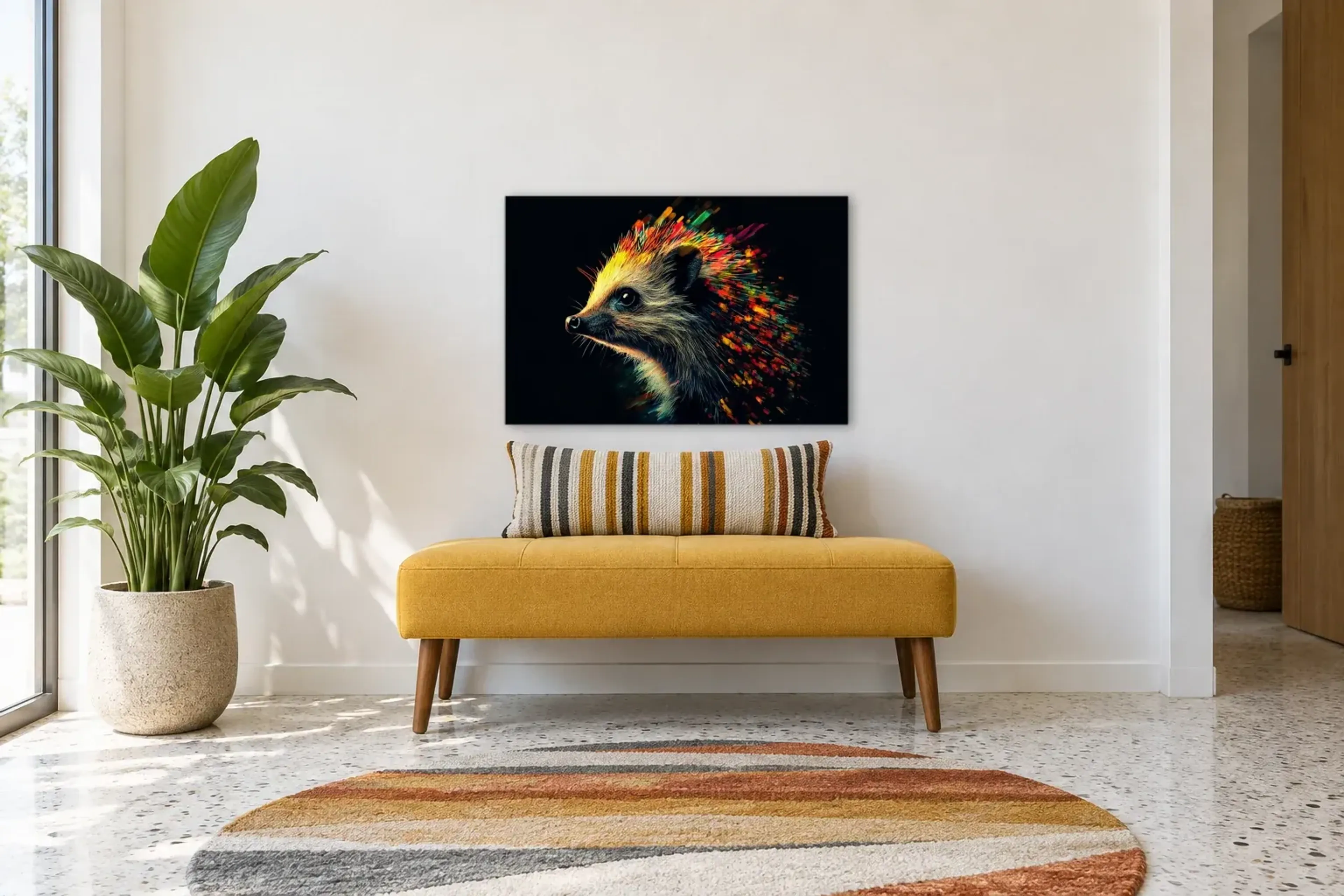 Igel im Farblicht als Wandbild über einer 120-cm-Bank