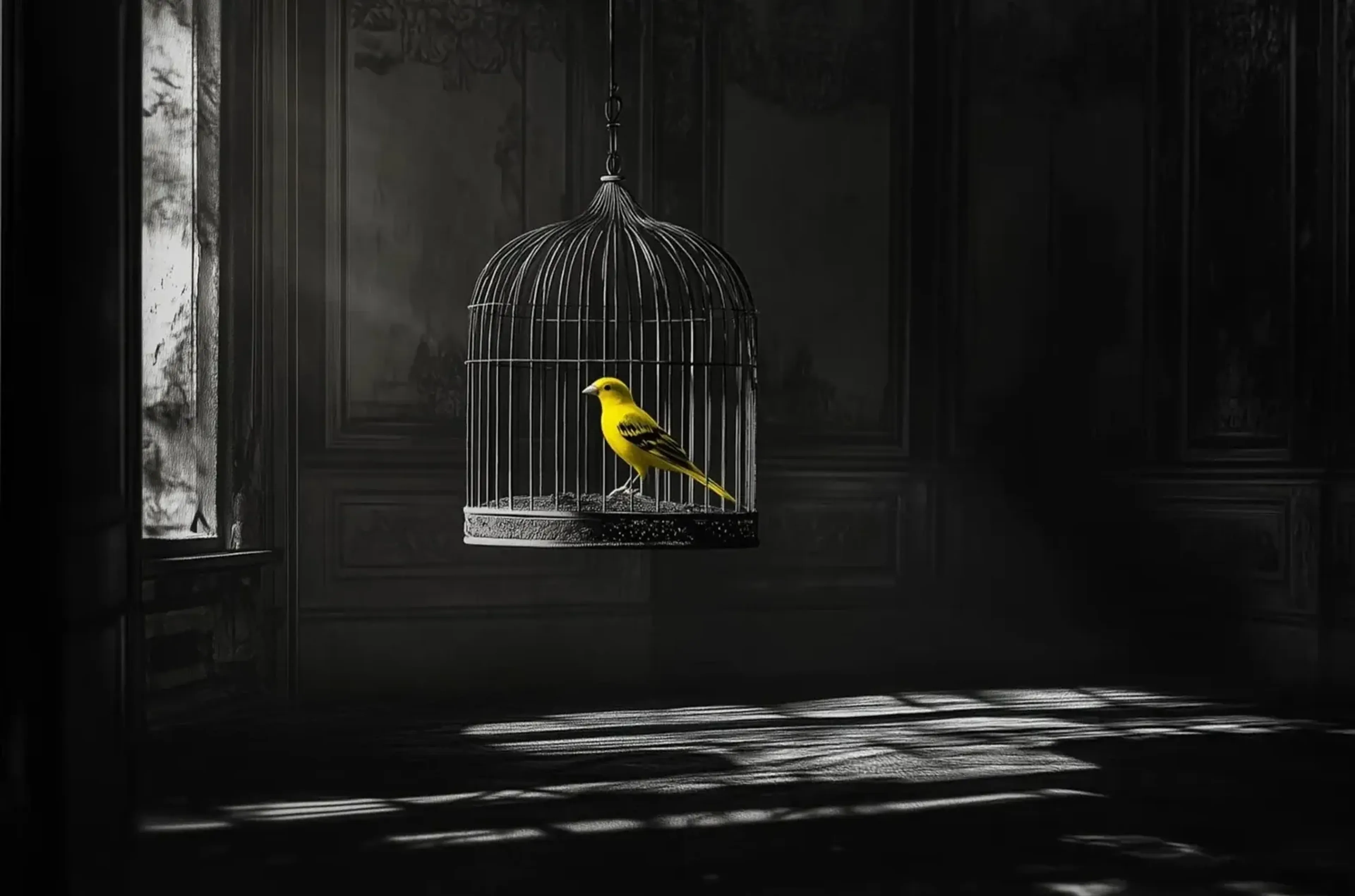 Ein gelber Kanarienvogel sitzt im hängenden Käfig, während Fensterlicht auf den Boden eines dunklen Raums fällt.