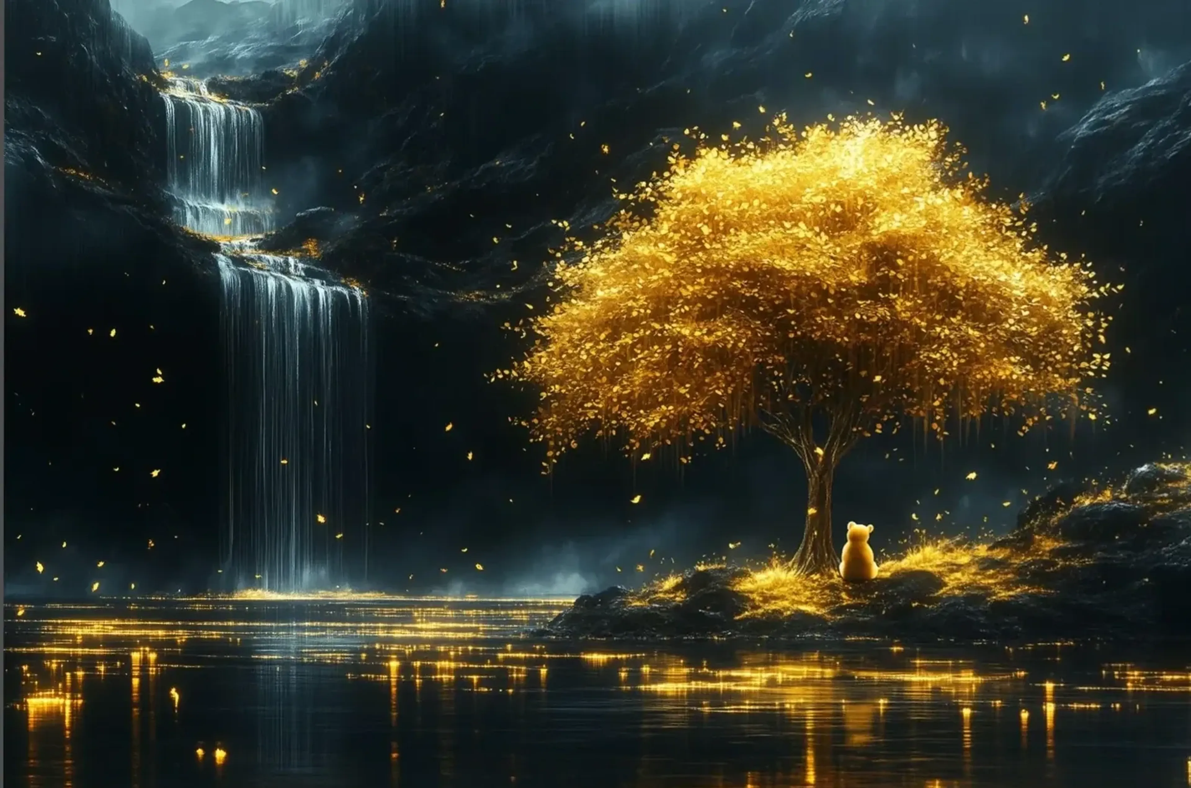 Eine kleine Bärenfigur sitzt unter einem goldenen Baum am See, links fällt Wasser über dunkle Felsstufen.