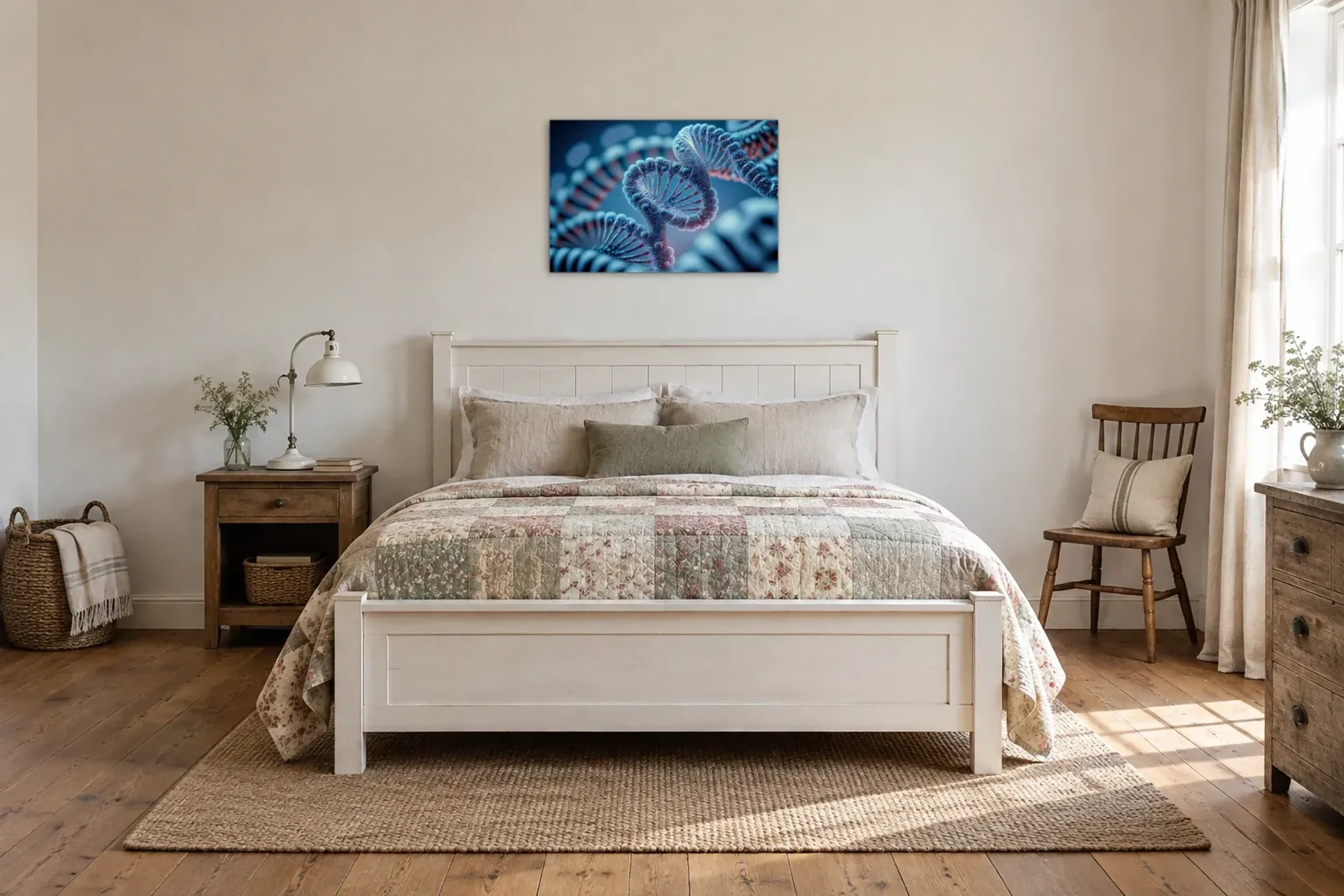 DNA in Blau als Wandbild über einem 160-cm-Bett