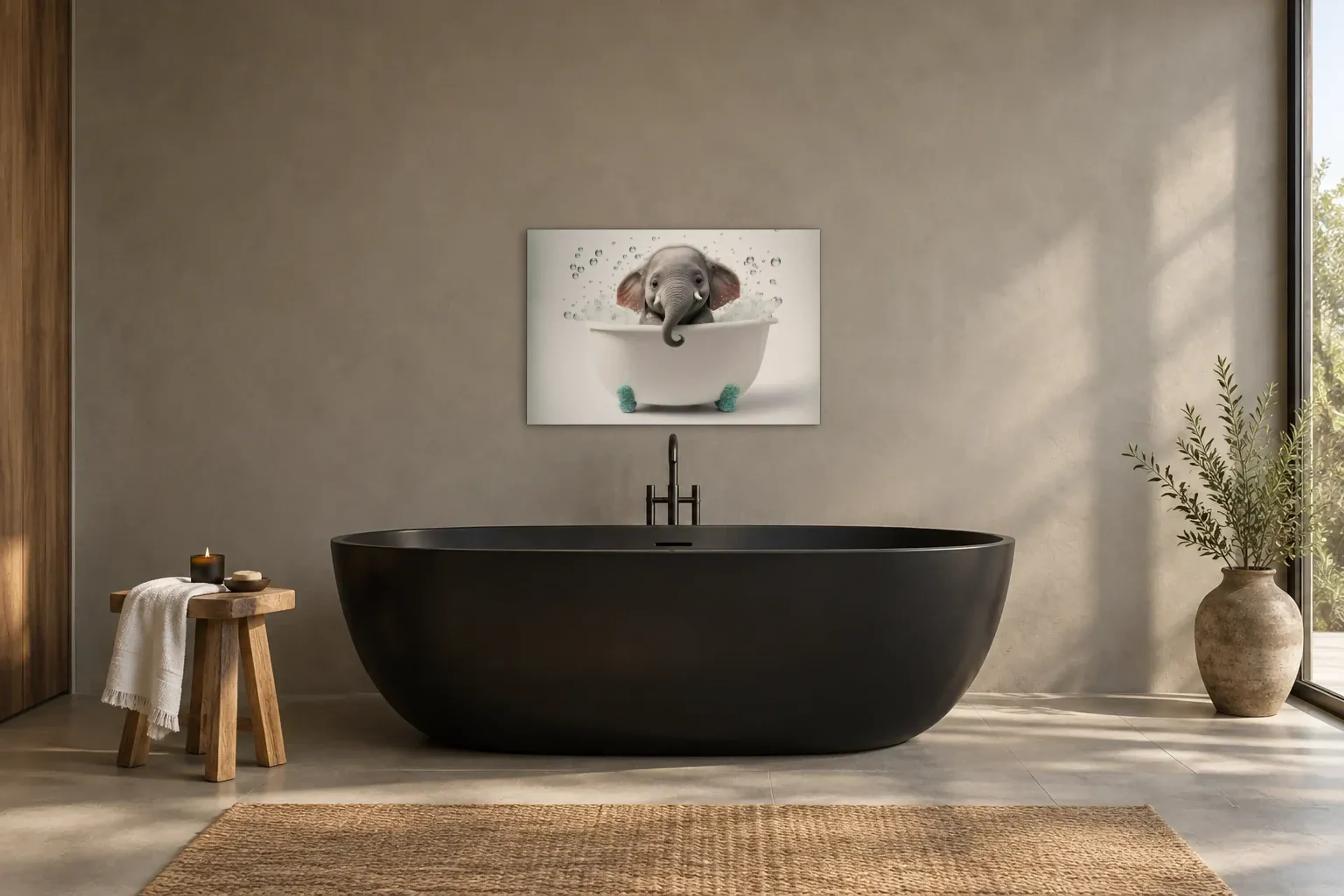 Elefant im Schaumbad als Wandbild über einer 170-cm-Badewanne
