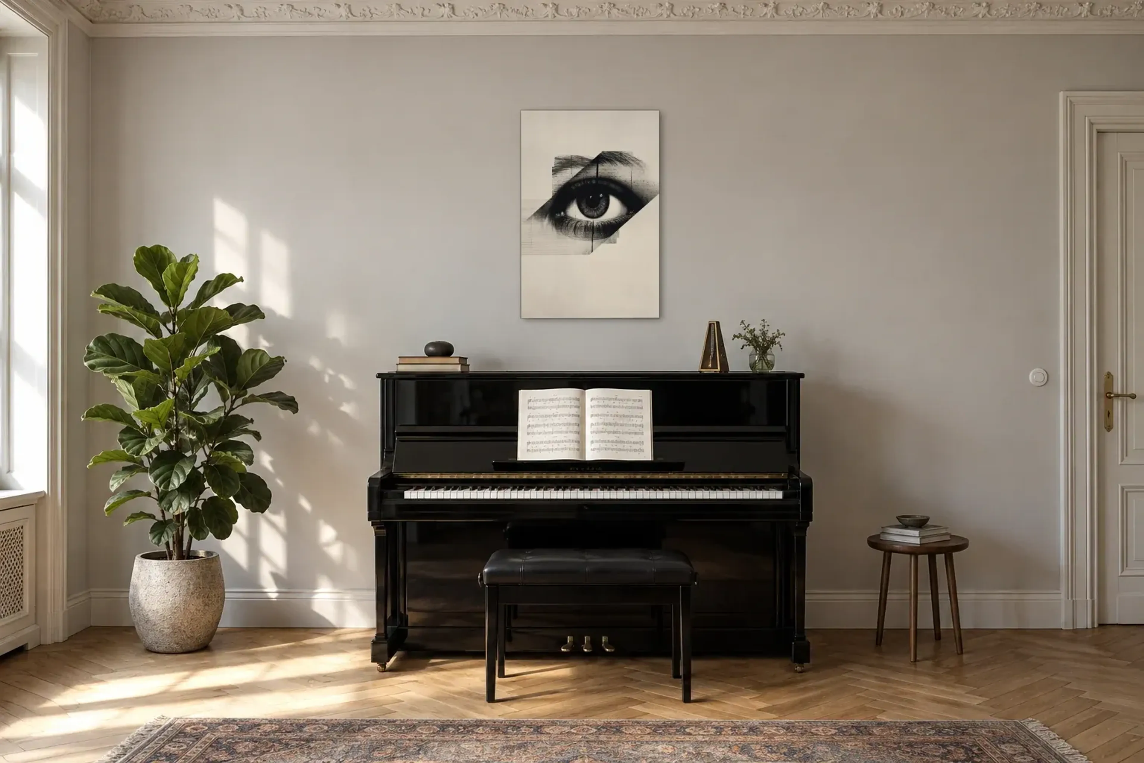 Auge in Fragmenten als Wandbild über einem 150-cm-Klavier
