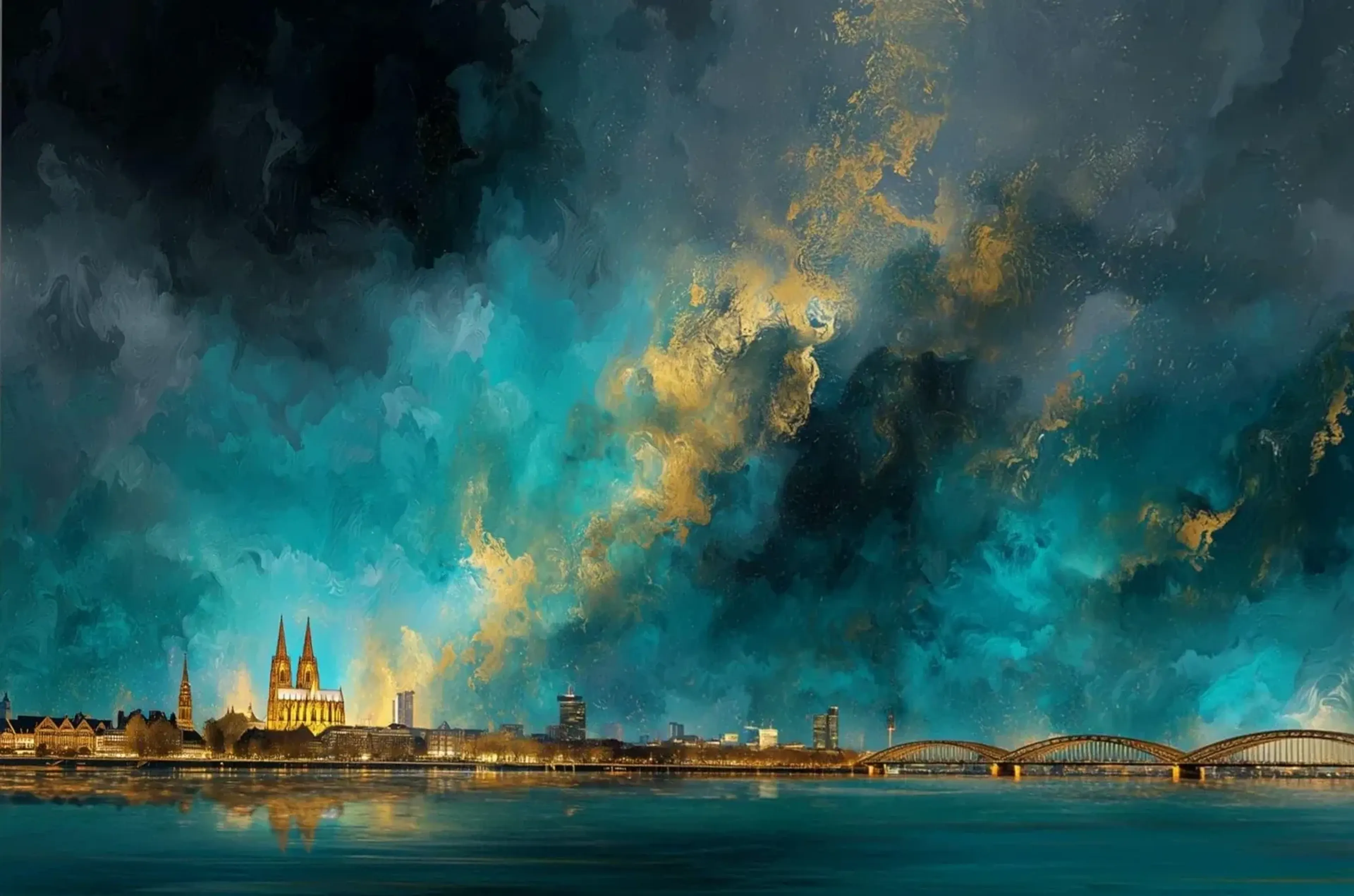 Goldwolken über Köln – Motiv als Wandbild auf Holz