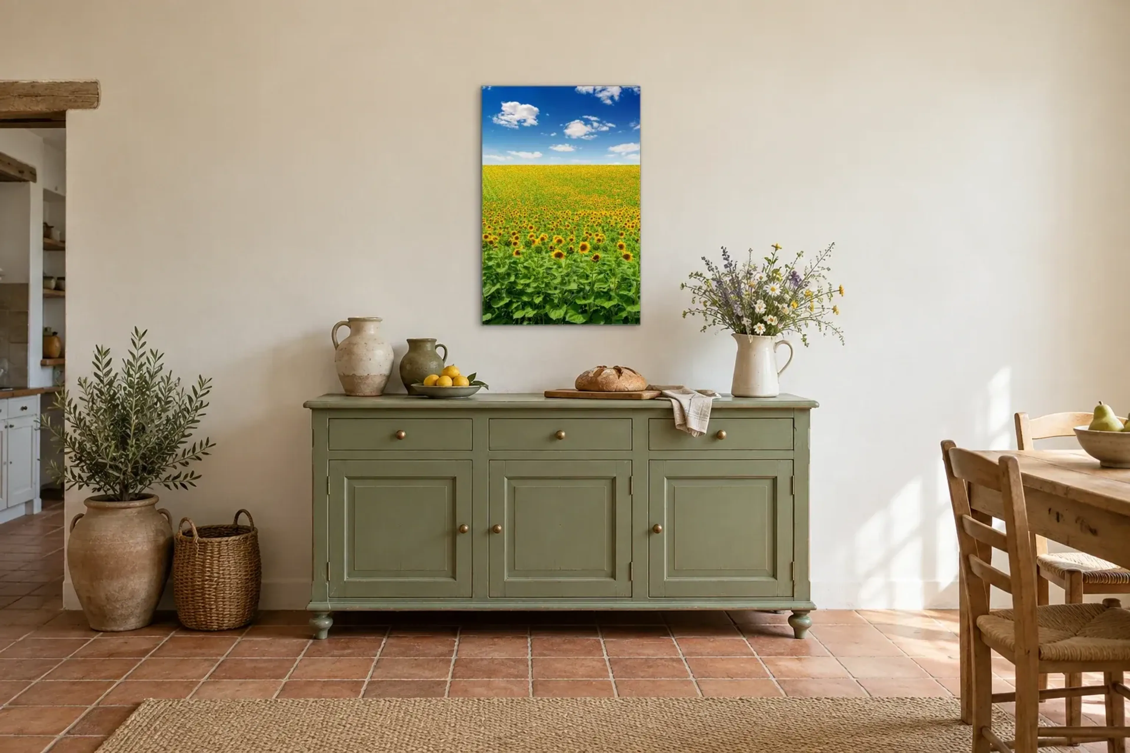 Sonnenblumen unter blauem Himmel als Wandbild über einer 160-cm-Anrichte