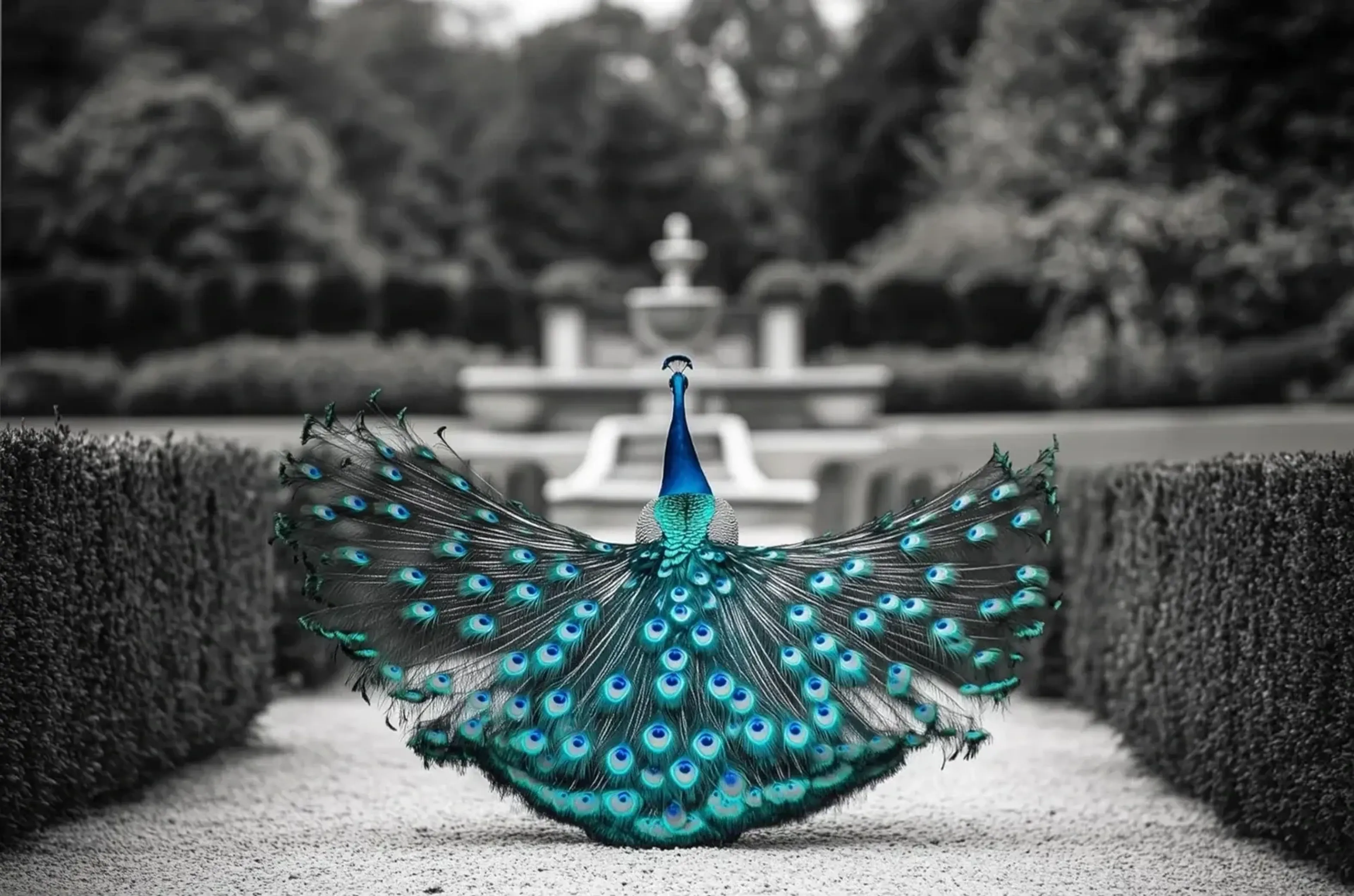 Pfau im Garten – Motiv als Wandbild auf Holz