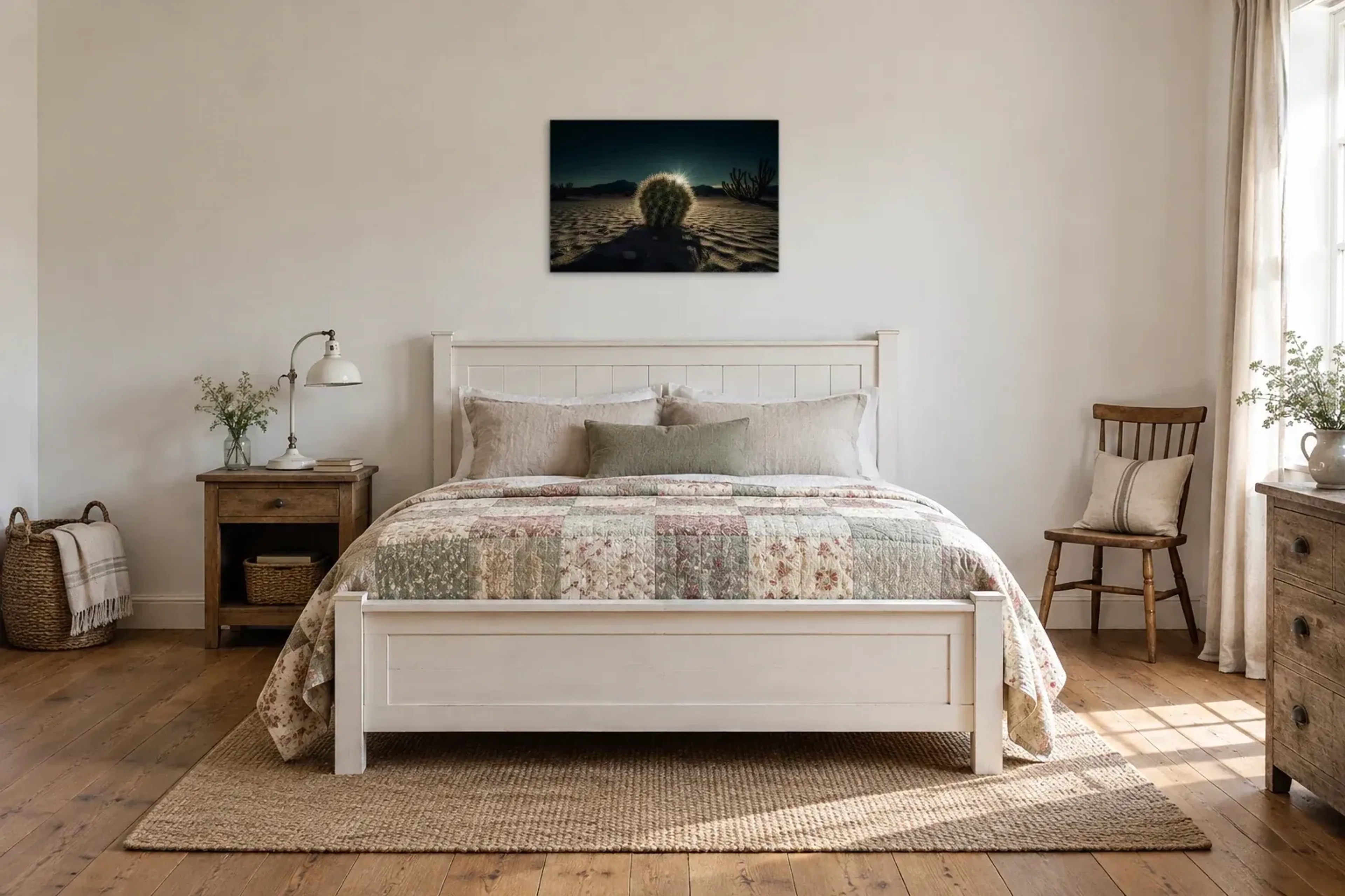 Kaktus im Gegenlicht als Wandbild über einem 160-cm-Bett