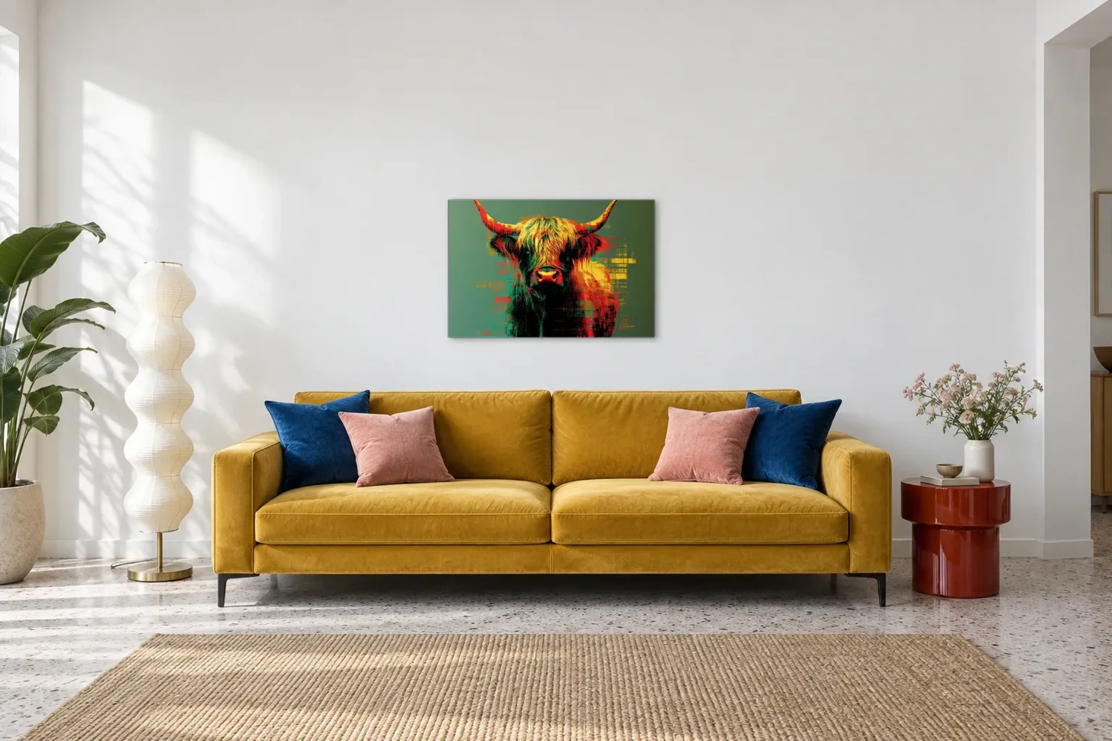 Zotteliges Hochlandrind als Wandbild über einem 220-cm-Sofa