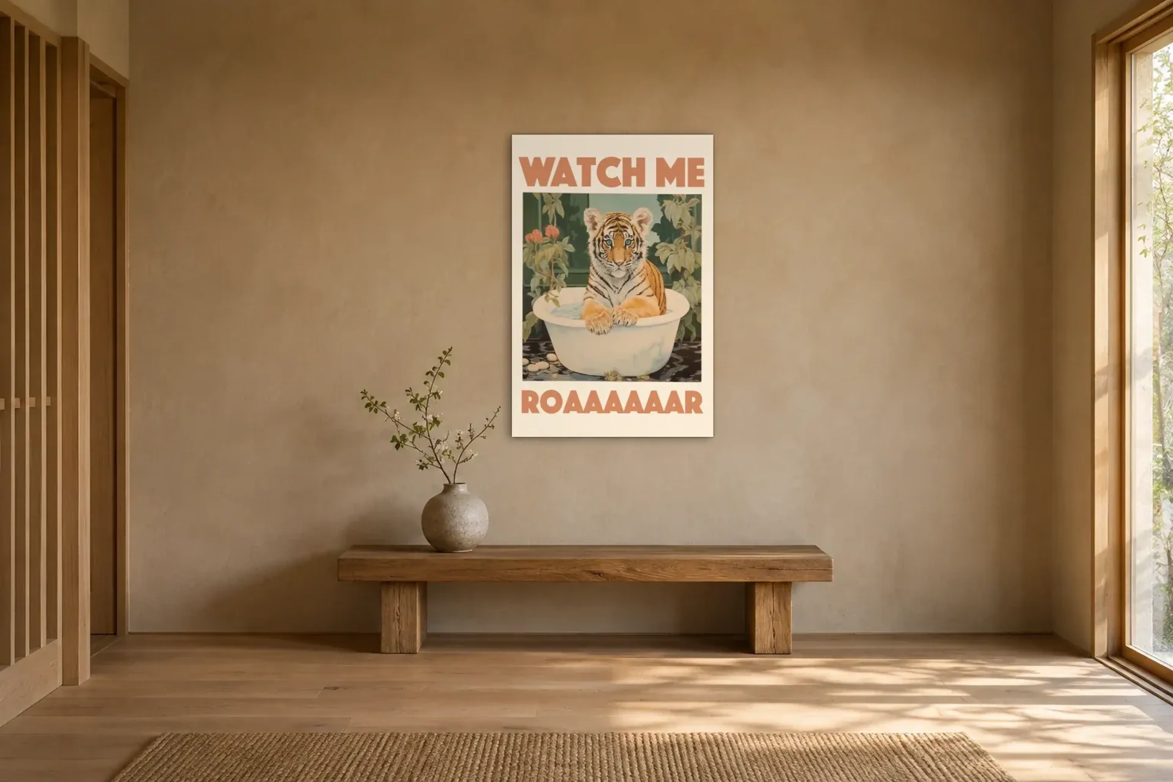 Tiger Badewanne als Wandbild über einer 120-cm-Holzbank