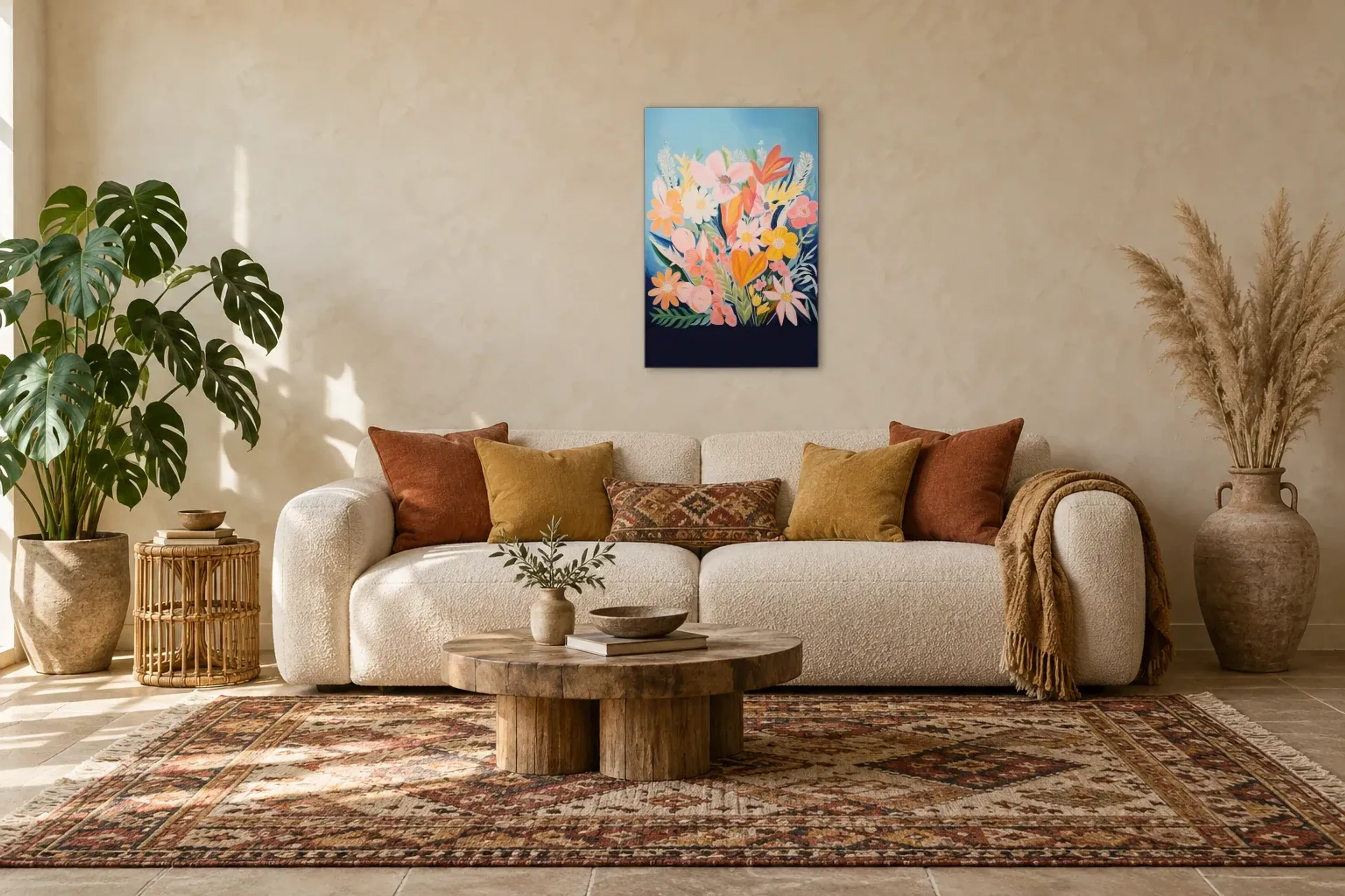Bunte Blüten auf Blau als Wandbild über einem 220-cm-Sofa