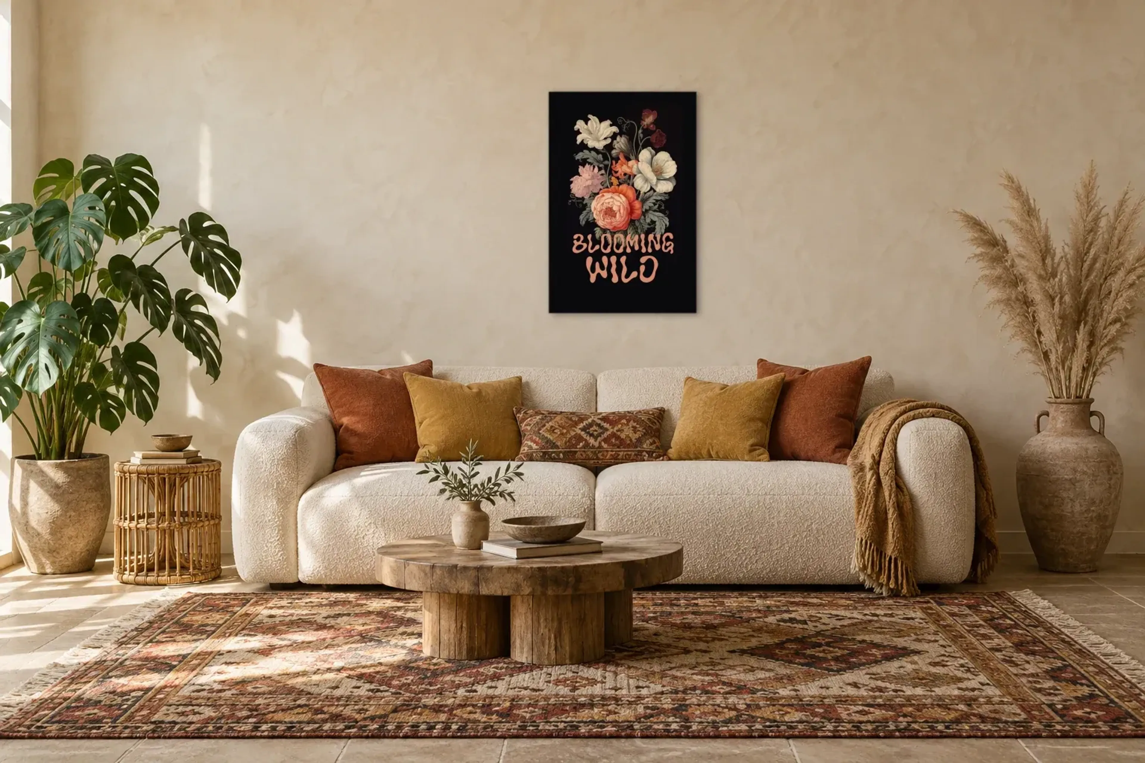 Blüten auf Schwarz als Wandbild über einem 220-cm-Sofa