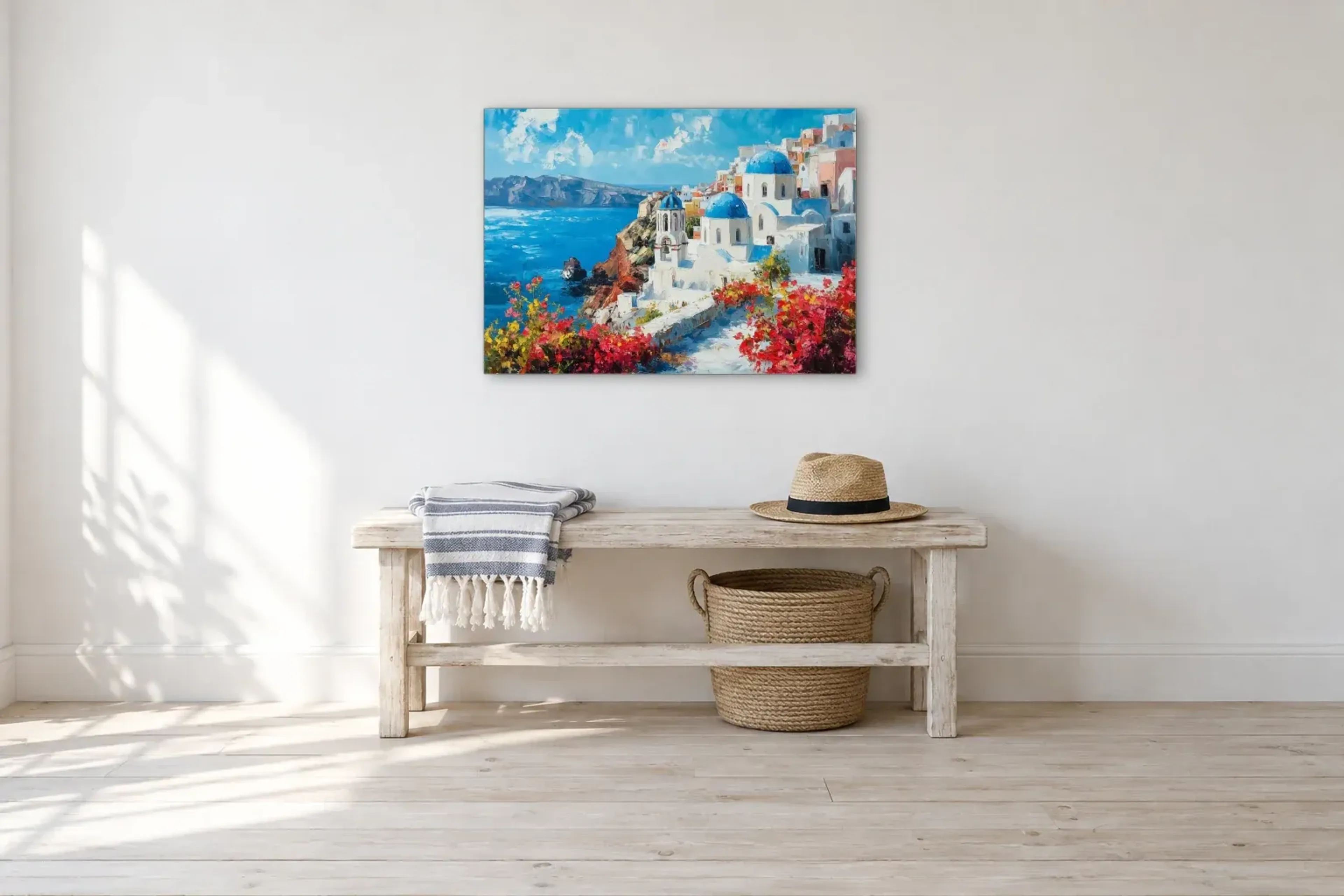 Santorini als Wandbild über einer 100-cm-Bank