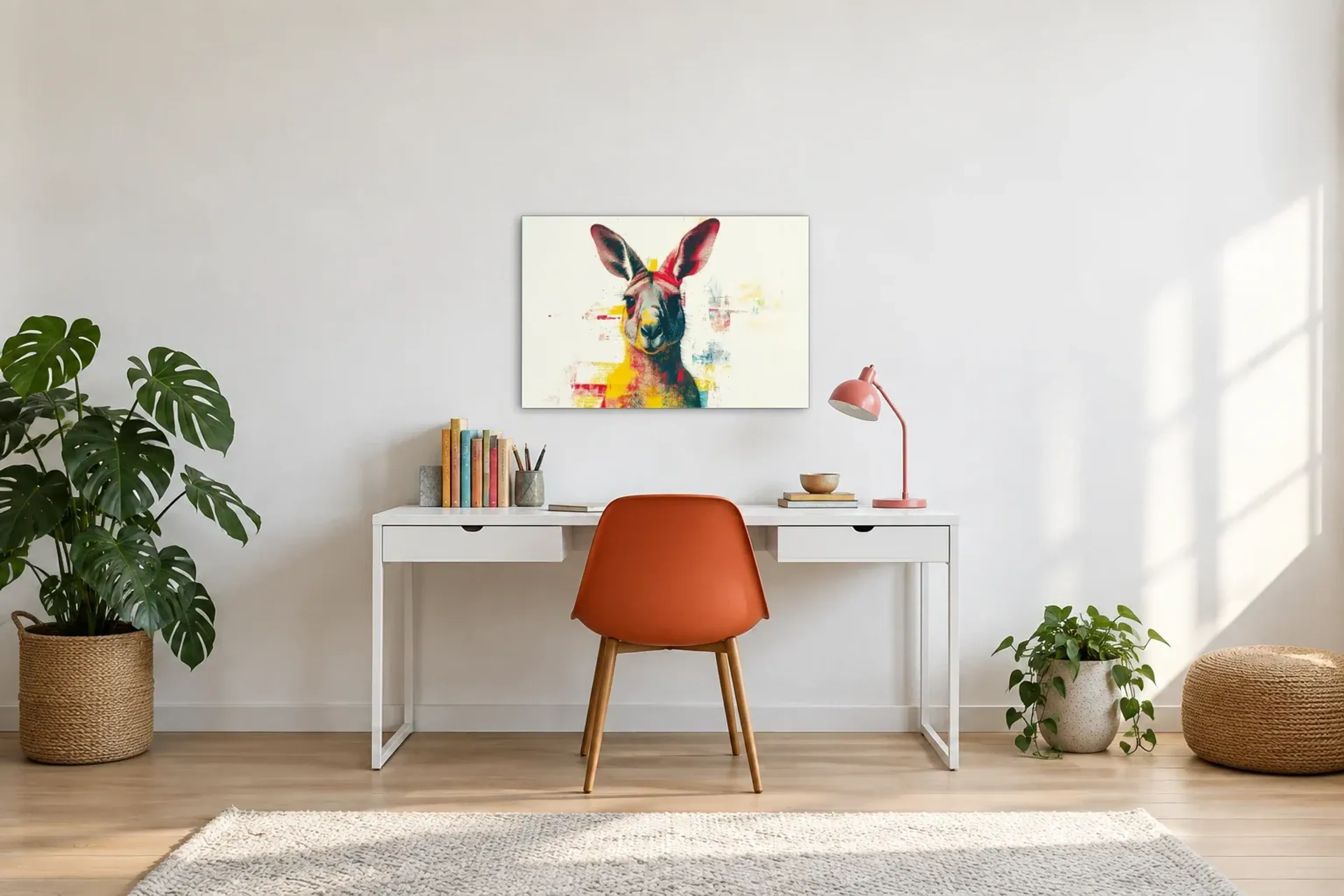 Känguru auf Cremeweiß als Wandbild über einem 140-cm-Schreibtisch