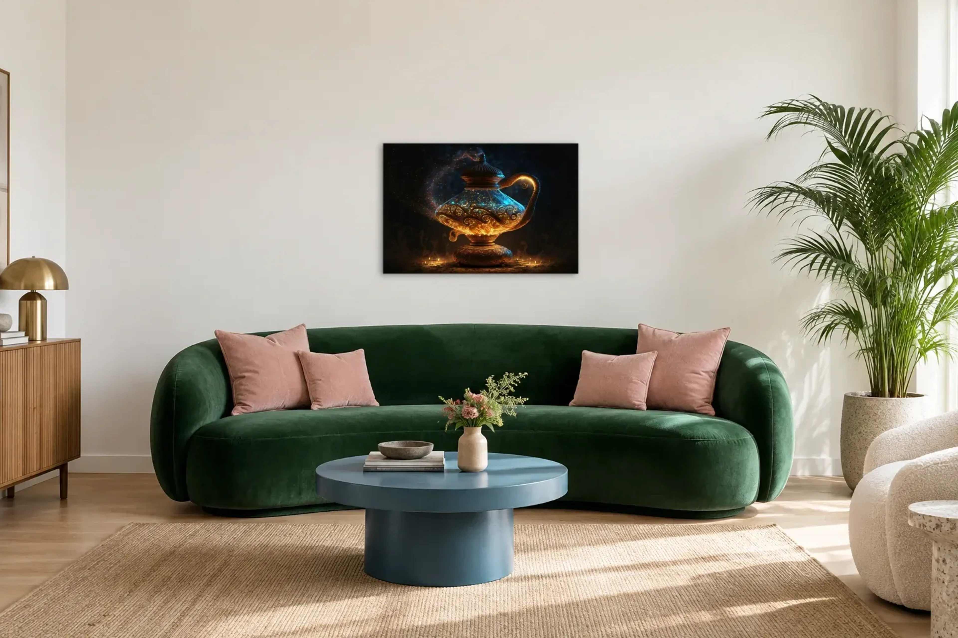 Leuchtende Wunderlampe als Wandbild über einem 220-cm-Sofa