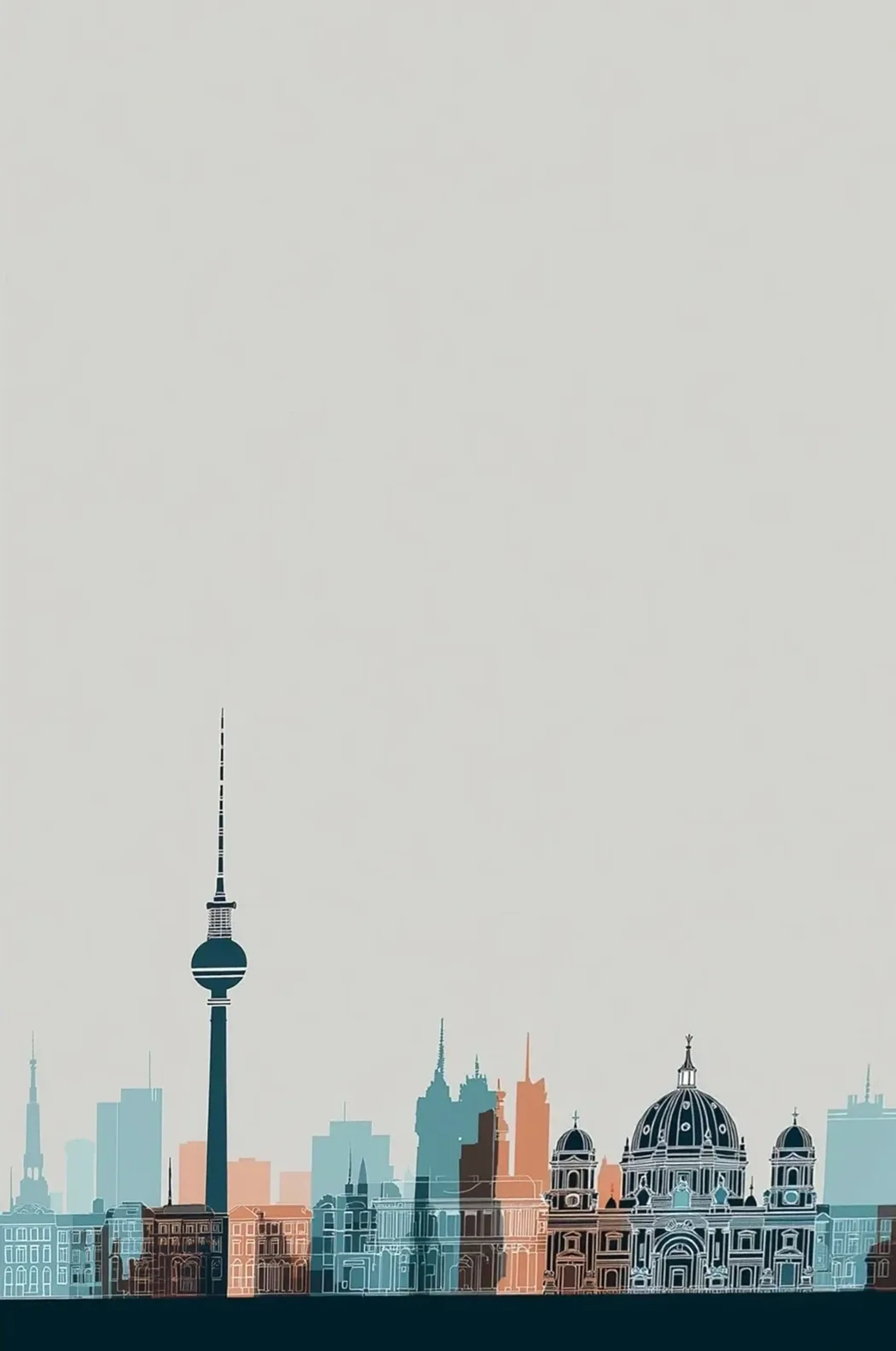 Grafische Berliner Skyline in Petrol, Hellblau und Pfirsich mit Fernsehturm und Dom vor hellgrauem Hintergrund.