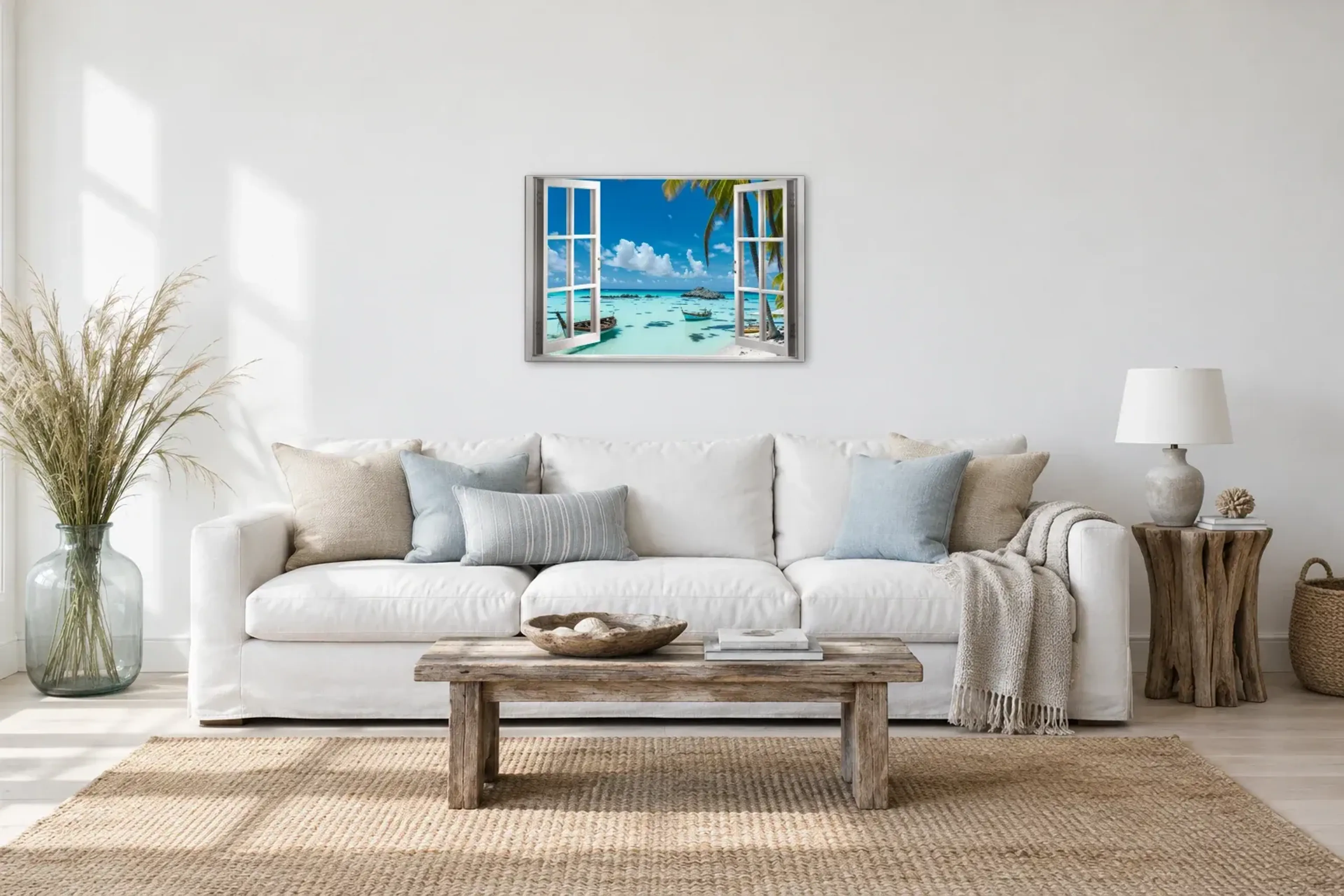 Boote am Palmenstrand als Wandbild über einem 220-cm-Sofa