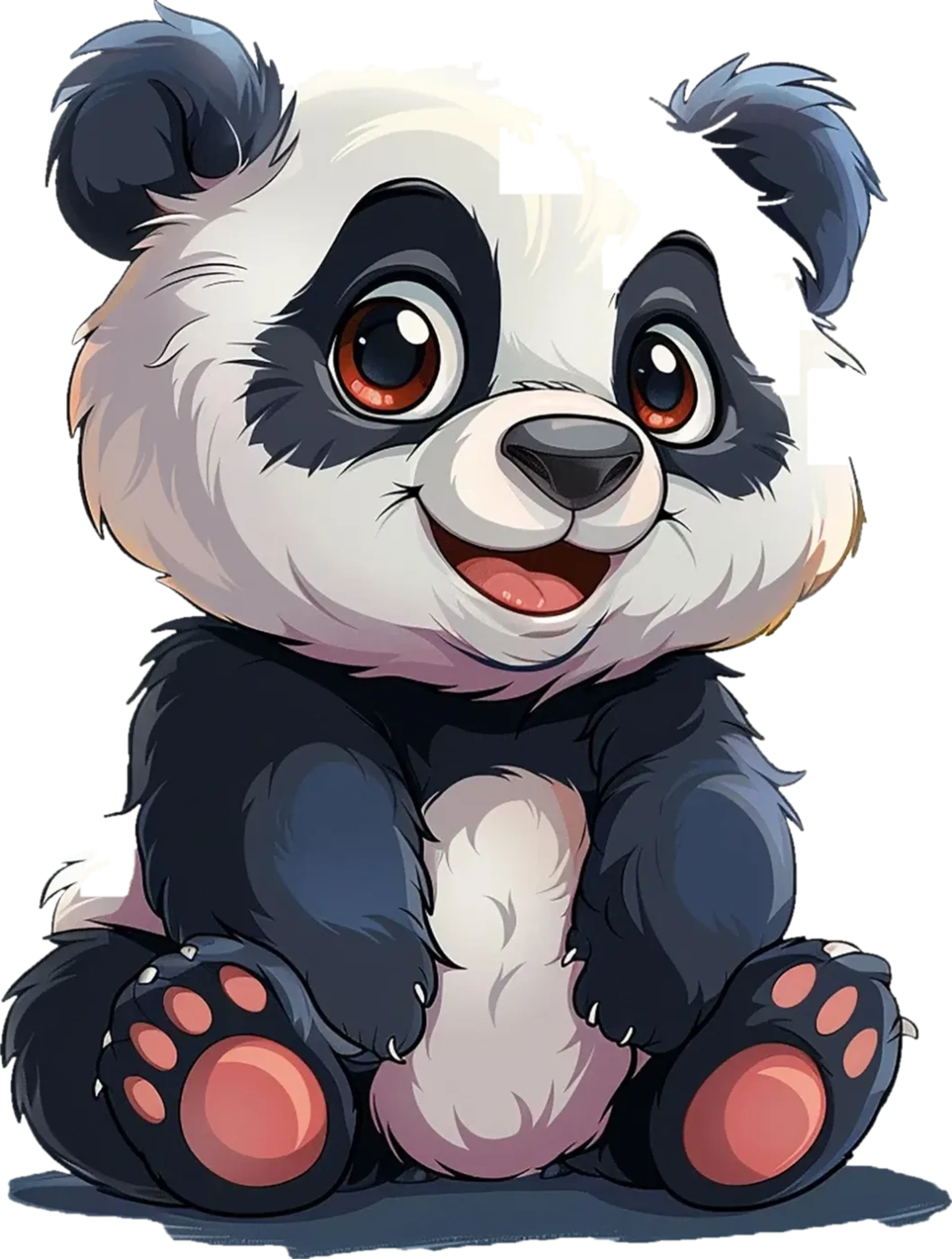 Ein sitzender Pandabär mit großen braunen Augen, offenem Lächeln und rosafarbenen Pfotenballen.