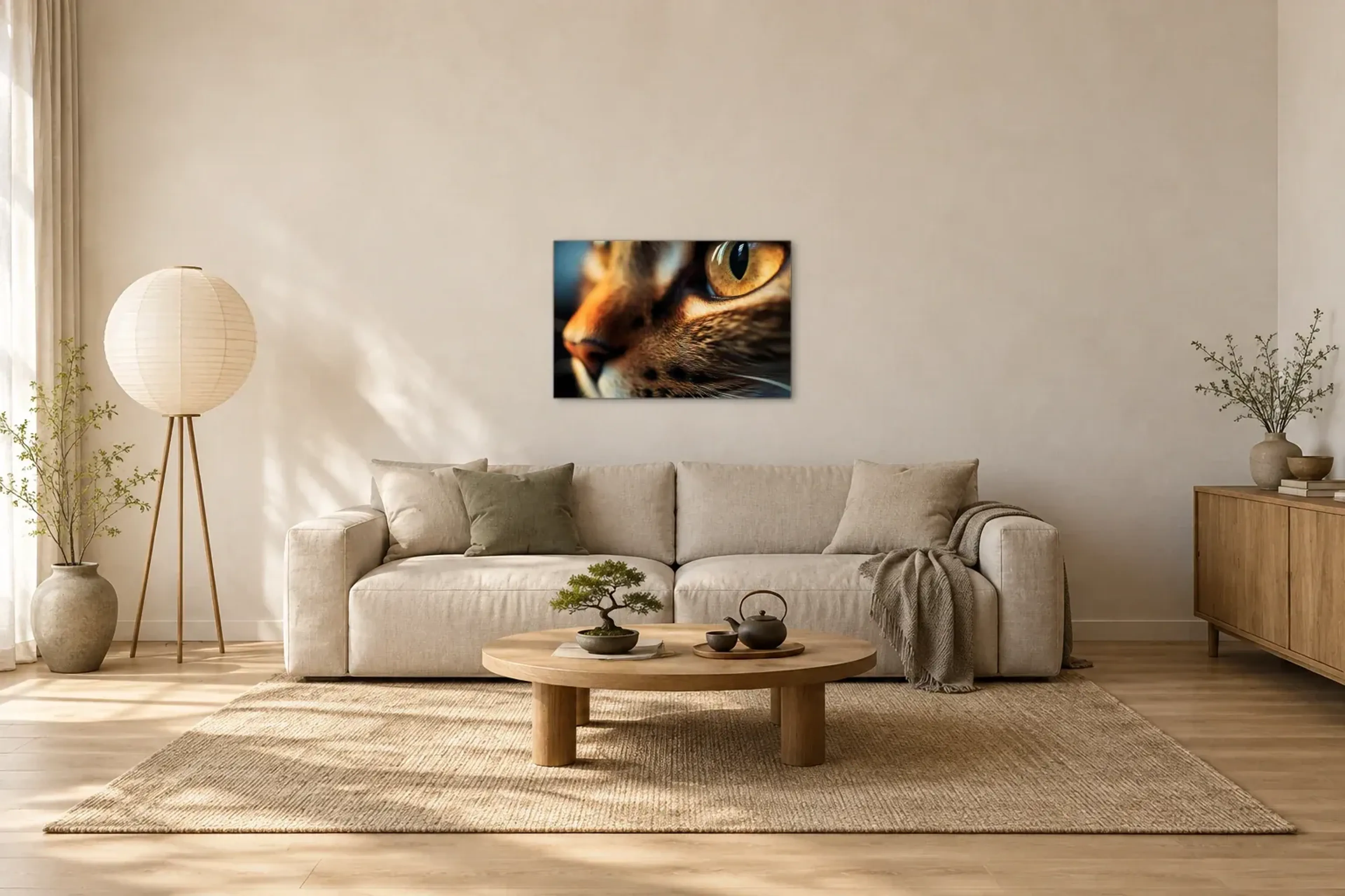 Katzenauge im warmen Licht als Wandbild über einem 220-cm-Sofa