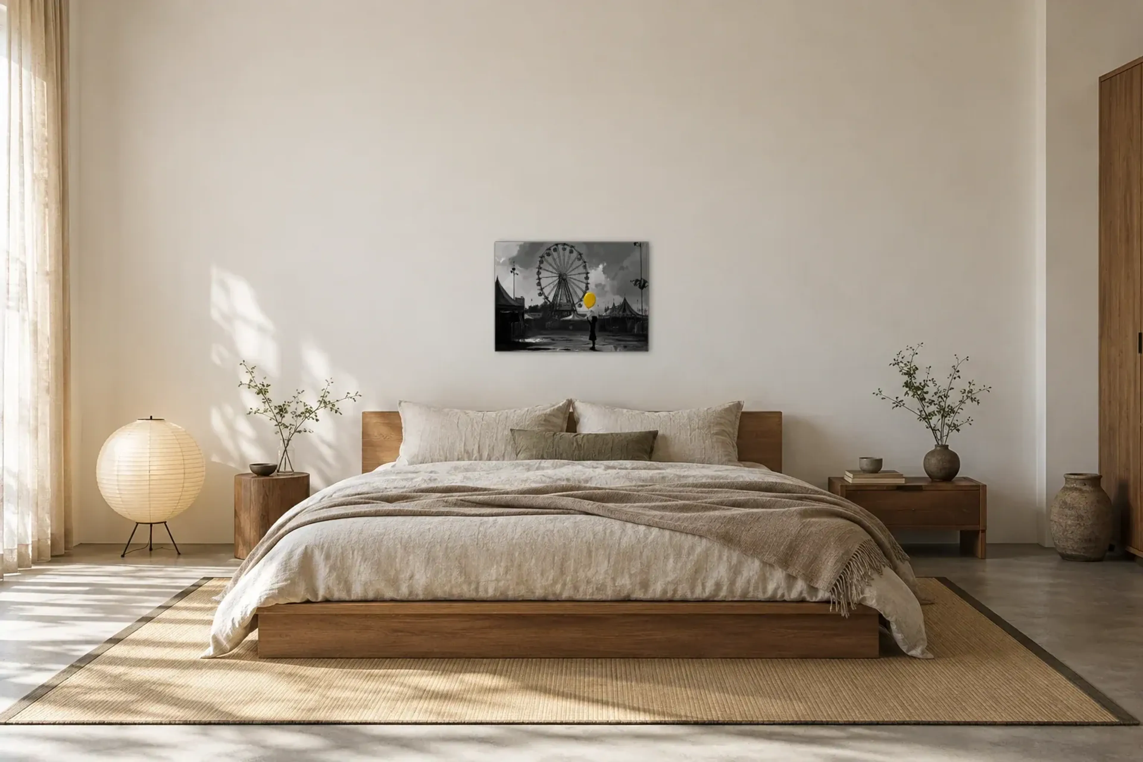 Gelber Ballon am Riesenrad als Wandbild über einem 180-cm-Bett