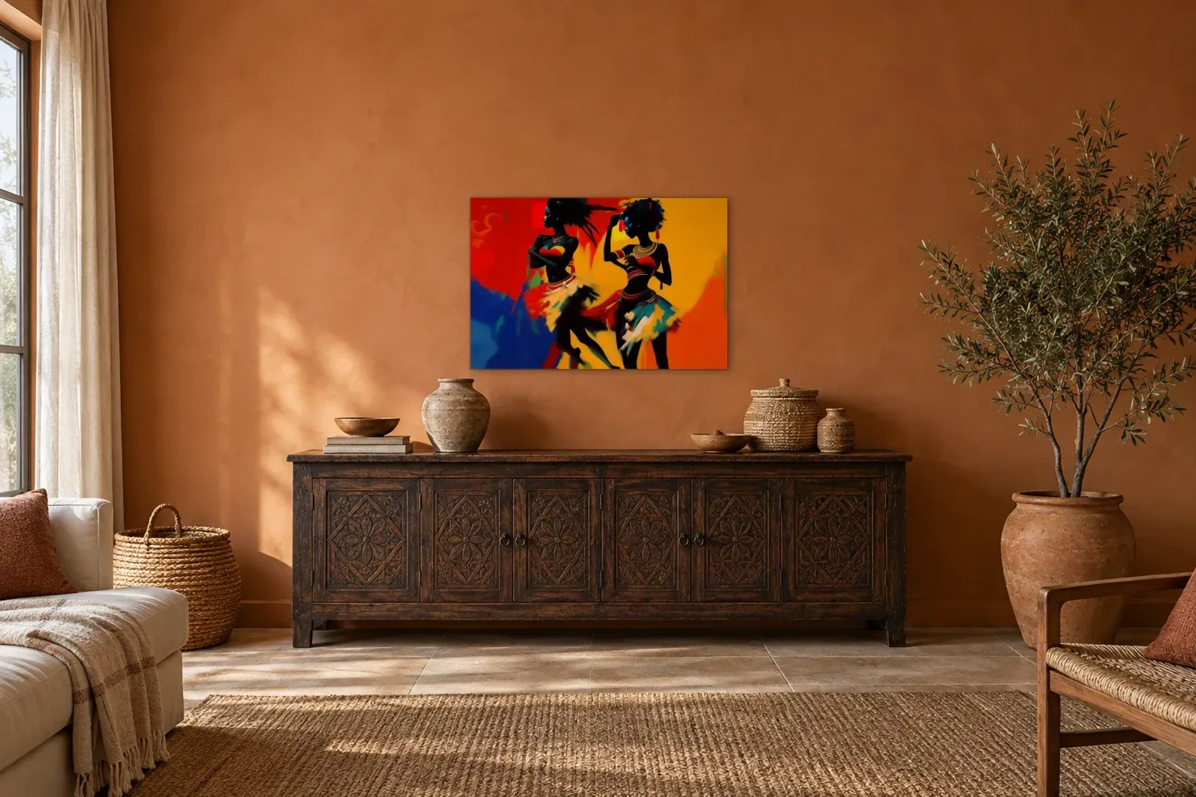 Zwei tanzende Frauen als Wandbild über einem 180-cm-Sideboard