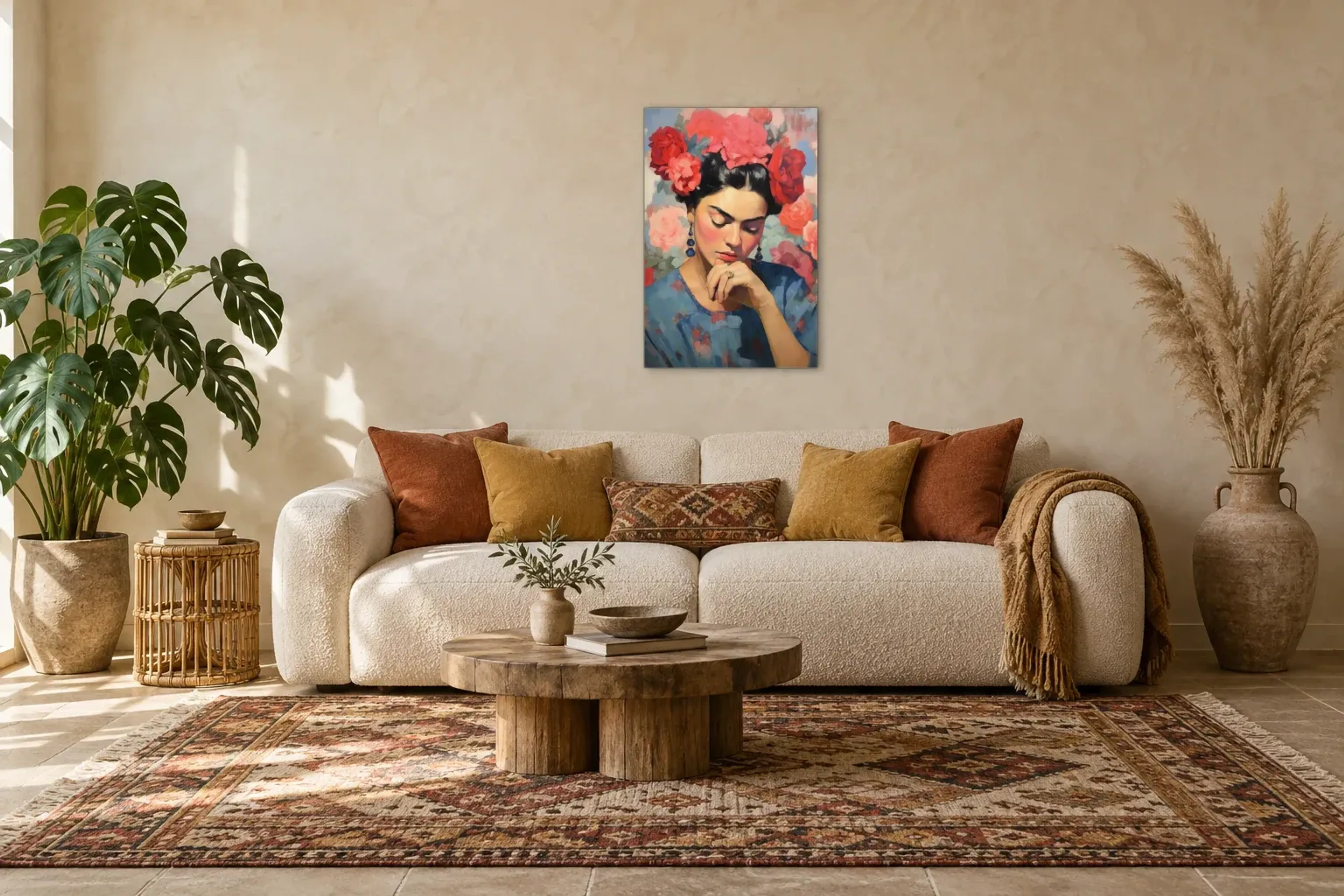 Frau unter roten Blüten als Wandbild über einem 220-cm-Sofa