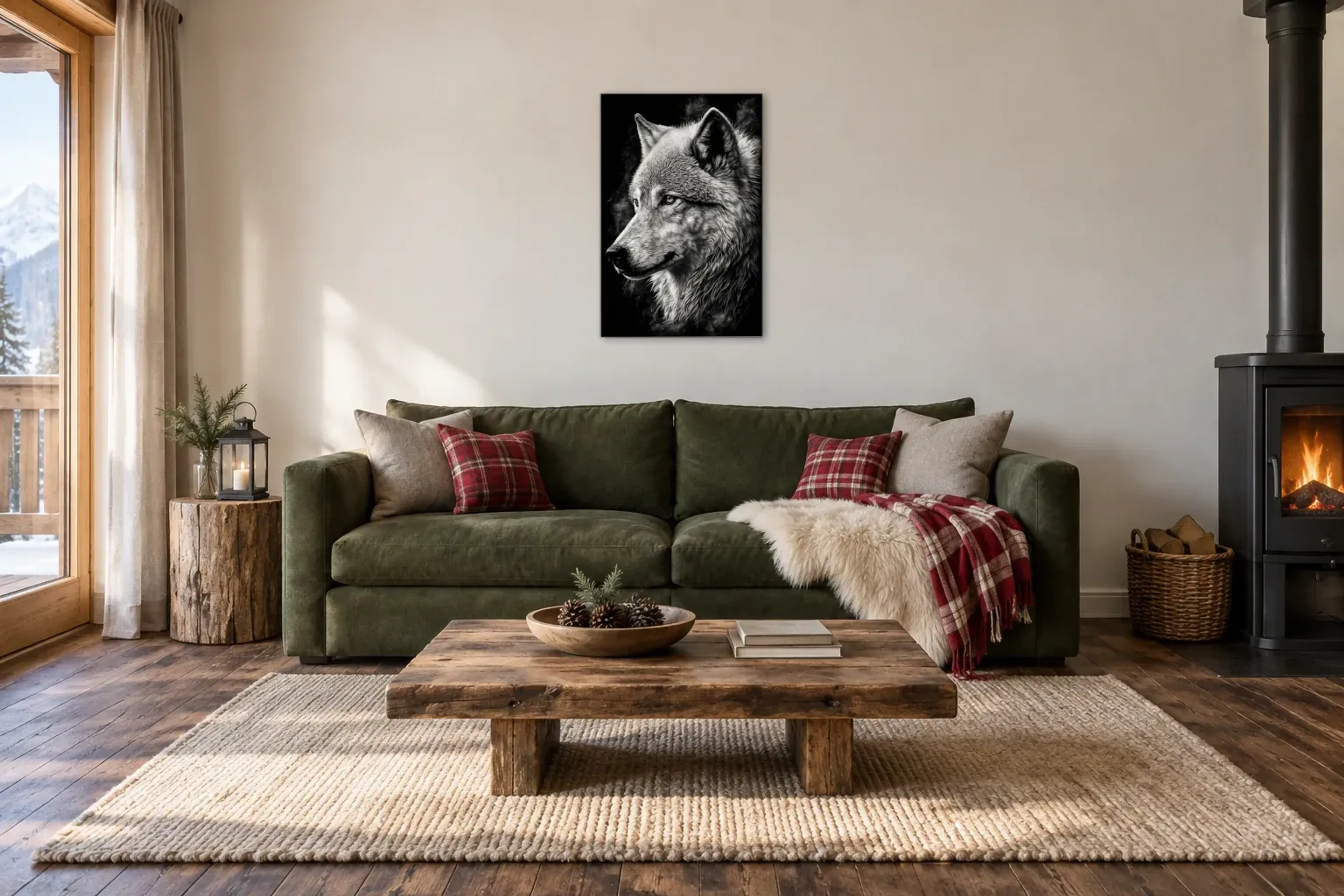 Wolfskopf schwarz weiß als Wandbild über einem 220-cm-Sofa