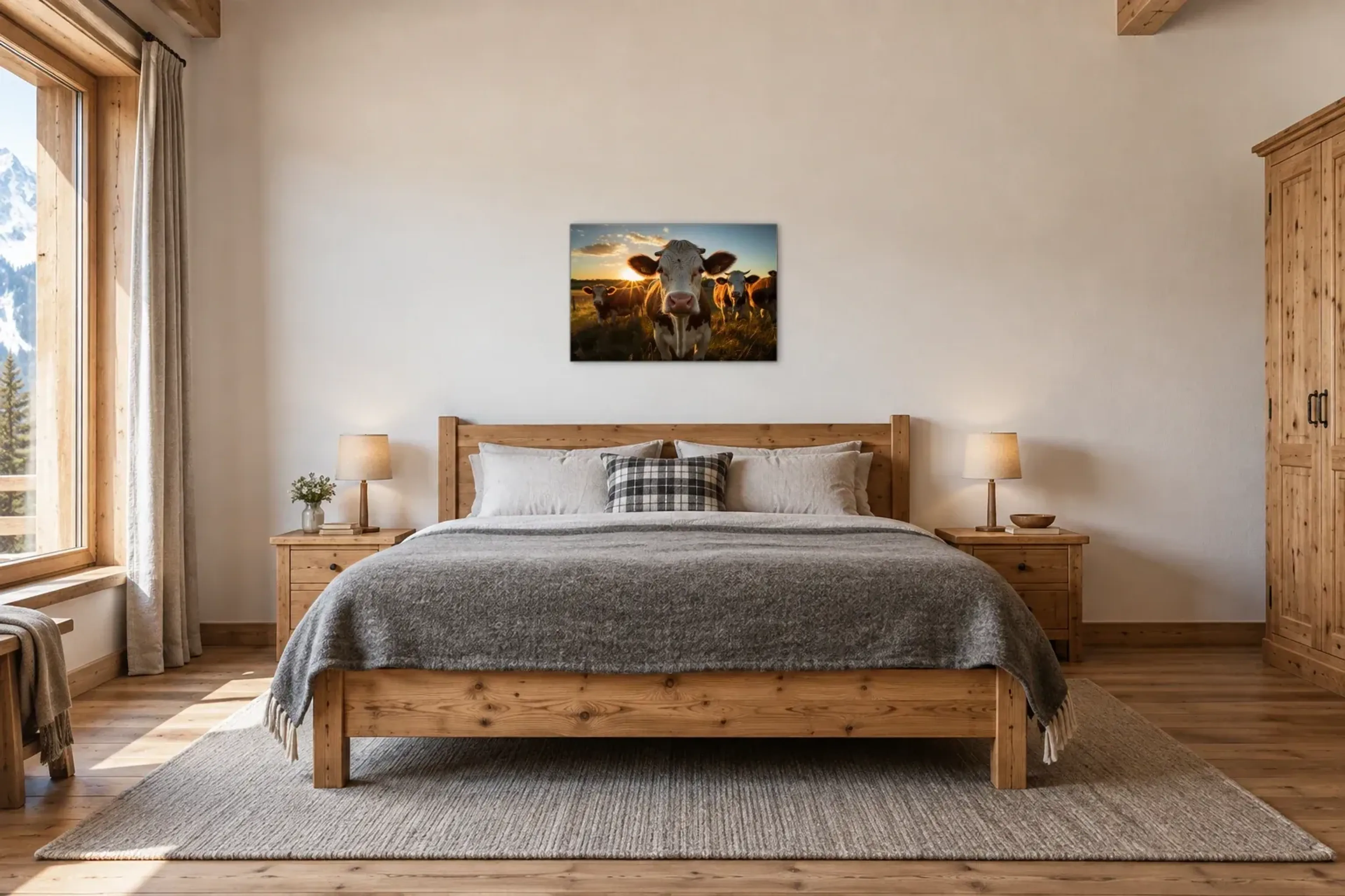 Kühe im Abendlicht als Wandbild über einem 180-cm-Bett