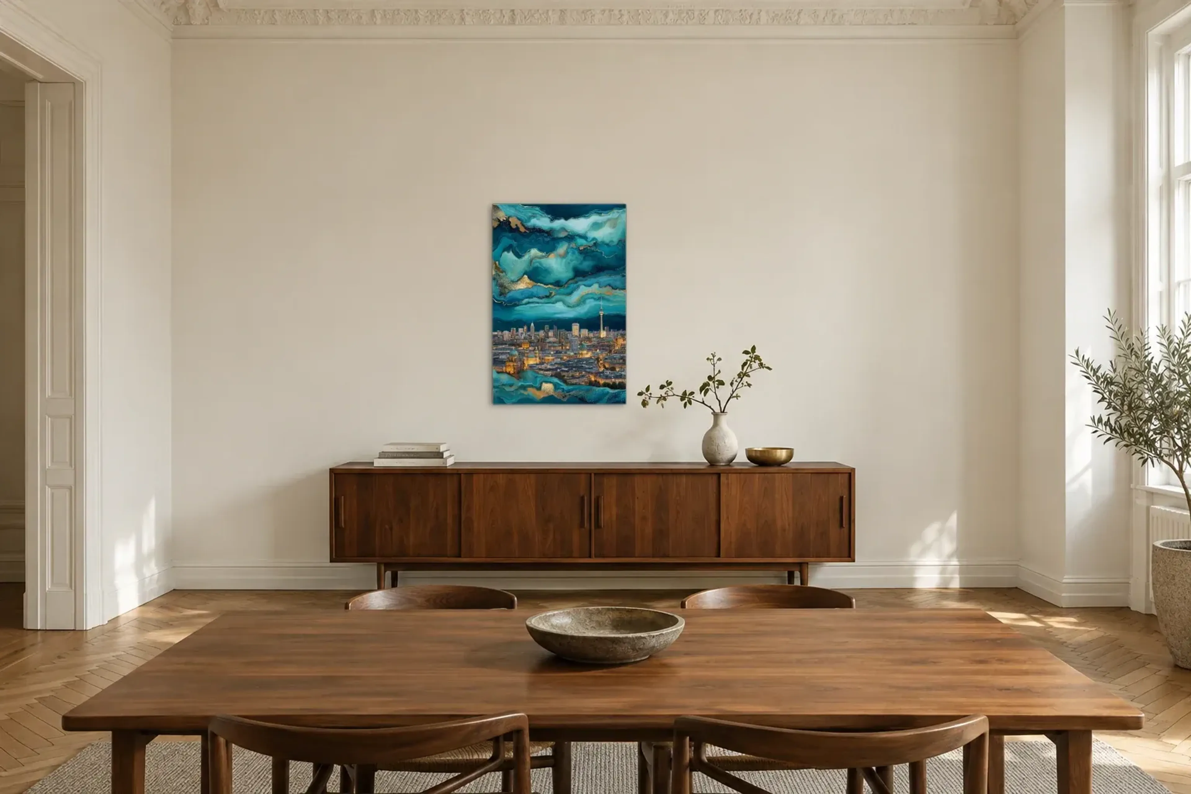 Berlin zwischen Farbströmen als Wandbild über einem 200-cm-Sideboard
