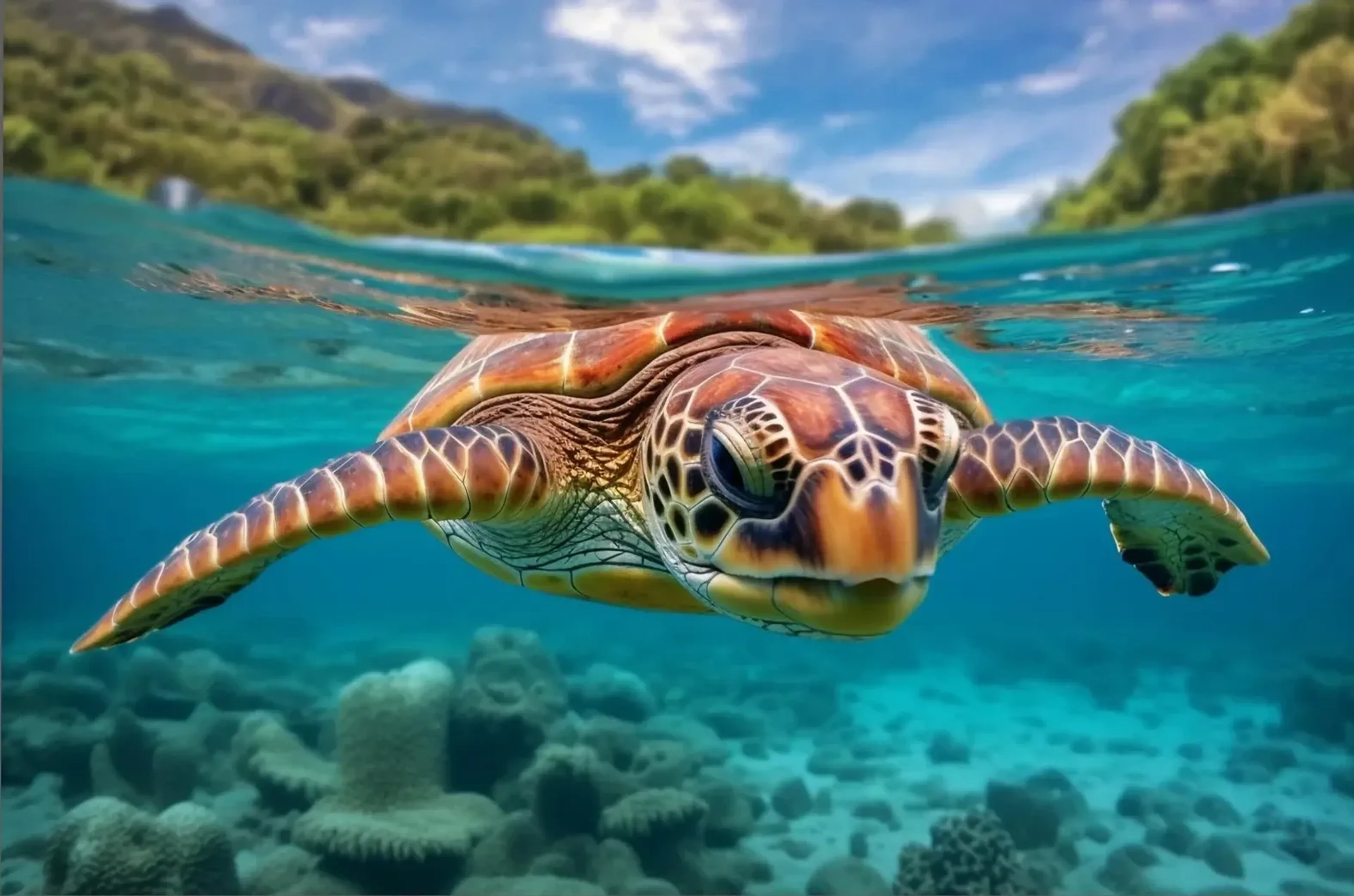 Eine Meeresschildkröte schwimmt im türkisfarbenen Wasser über Korallen, dahinter liegen grüne Hügel.