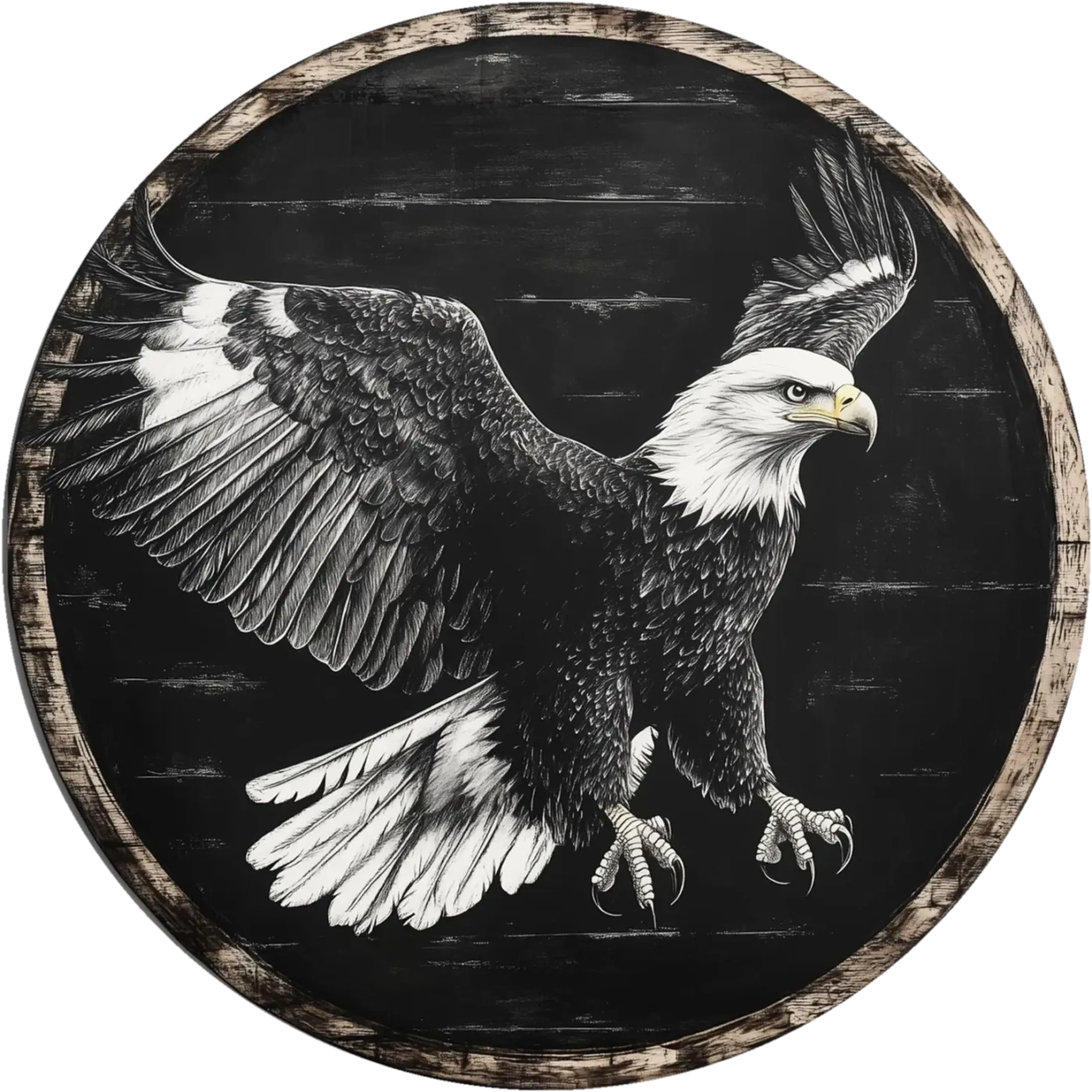 Adler mit ausgebreiteten Flügeln und vorgestreckten Krallen auf schwarzem Rundmotiv mit Rand in Holzoptik.
