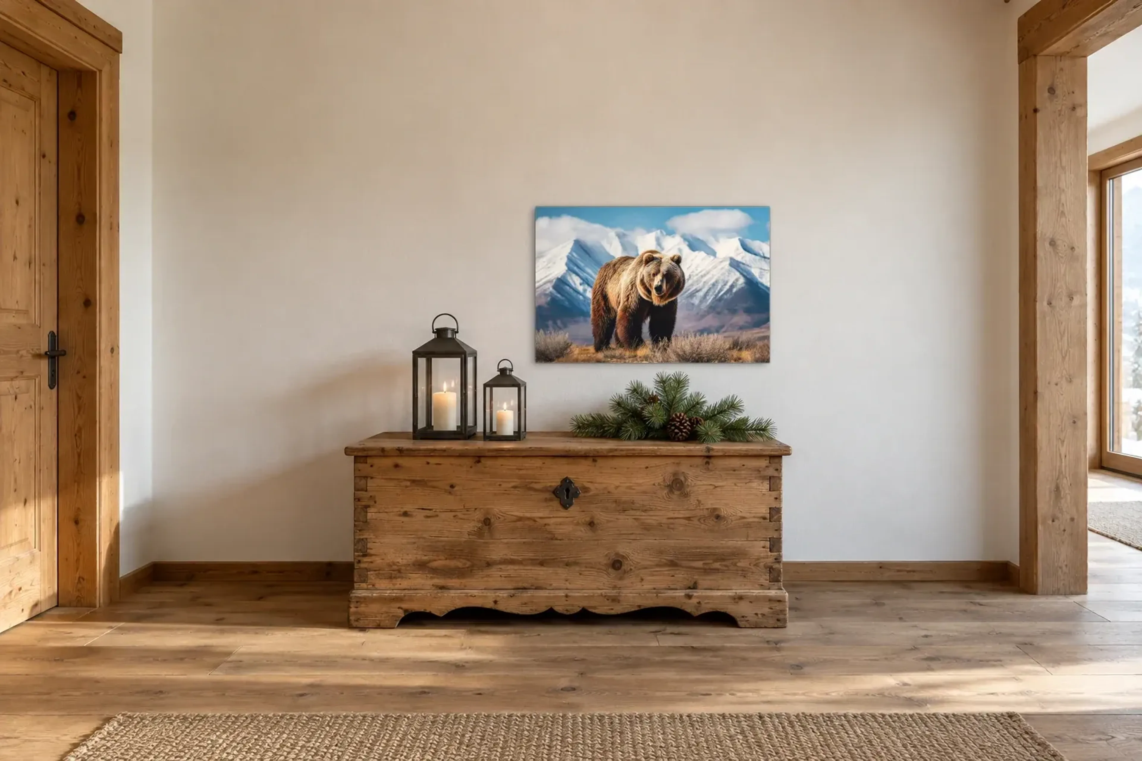 Braunbär vor Schneegipfeln als Wandbild über einer 140-cm-Truhe