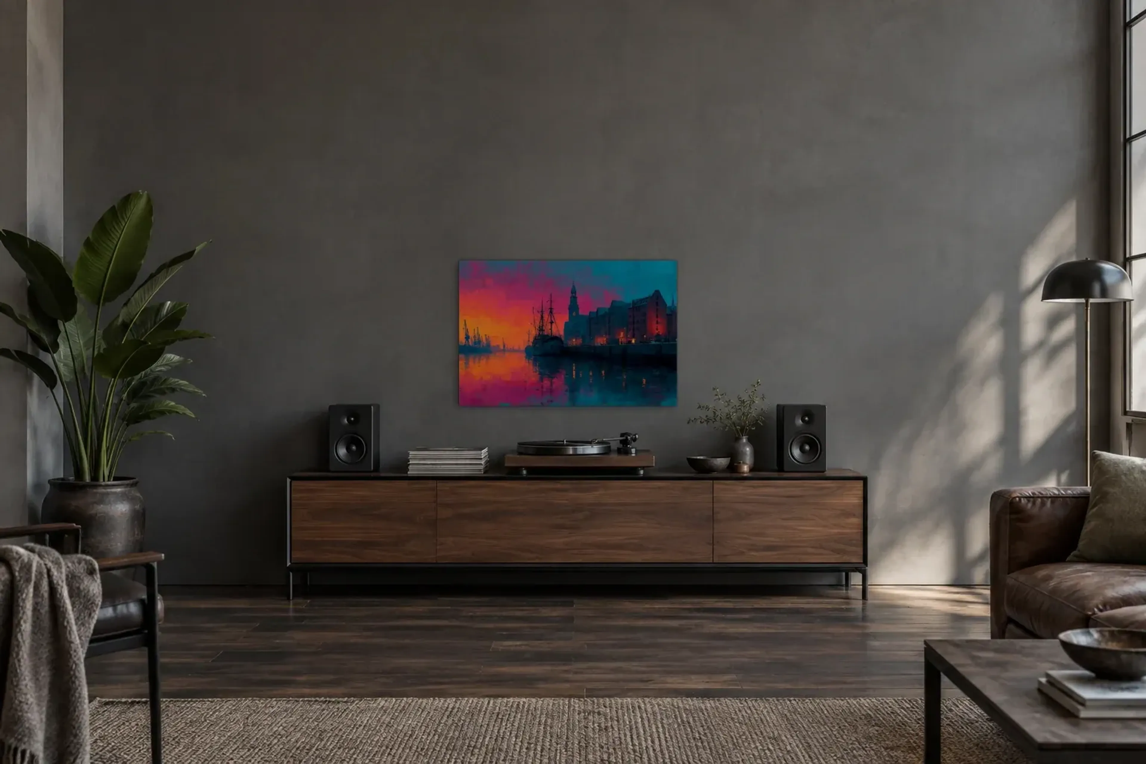 Hafen im Abendrot als Wandbild über einem 200-cm-Sideboard