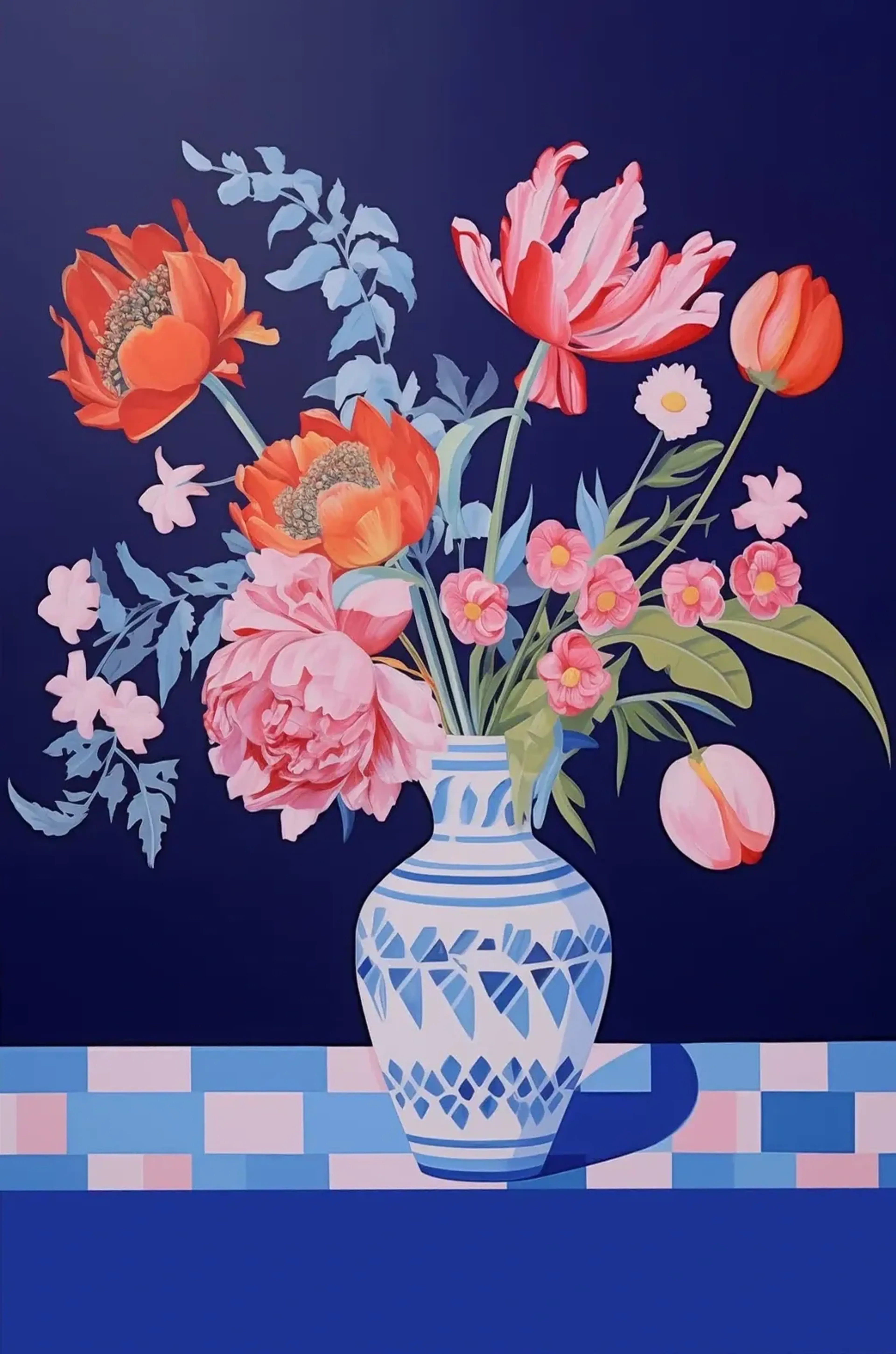 Blumen in blauer Vase – Motiv als Wandbild auf Holz