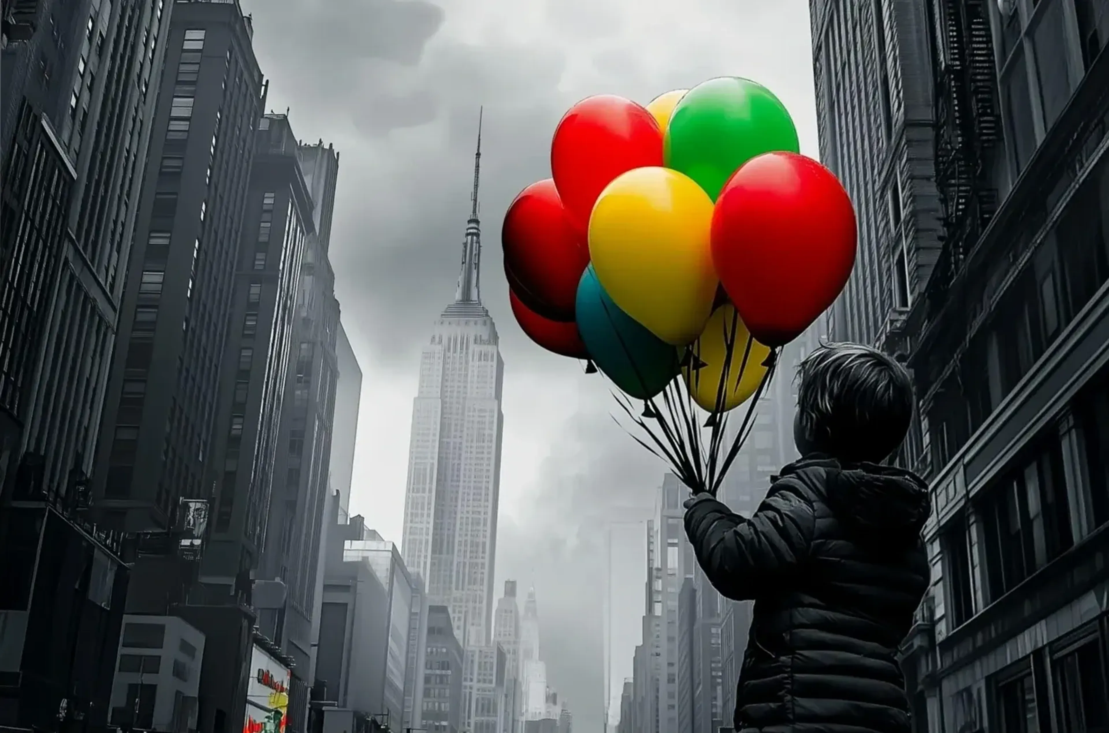 Ein Kind hält bunte Ballons zwischen grauen Hochhäusern unter einem bewölkten Himmel.
