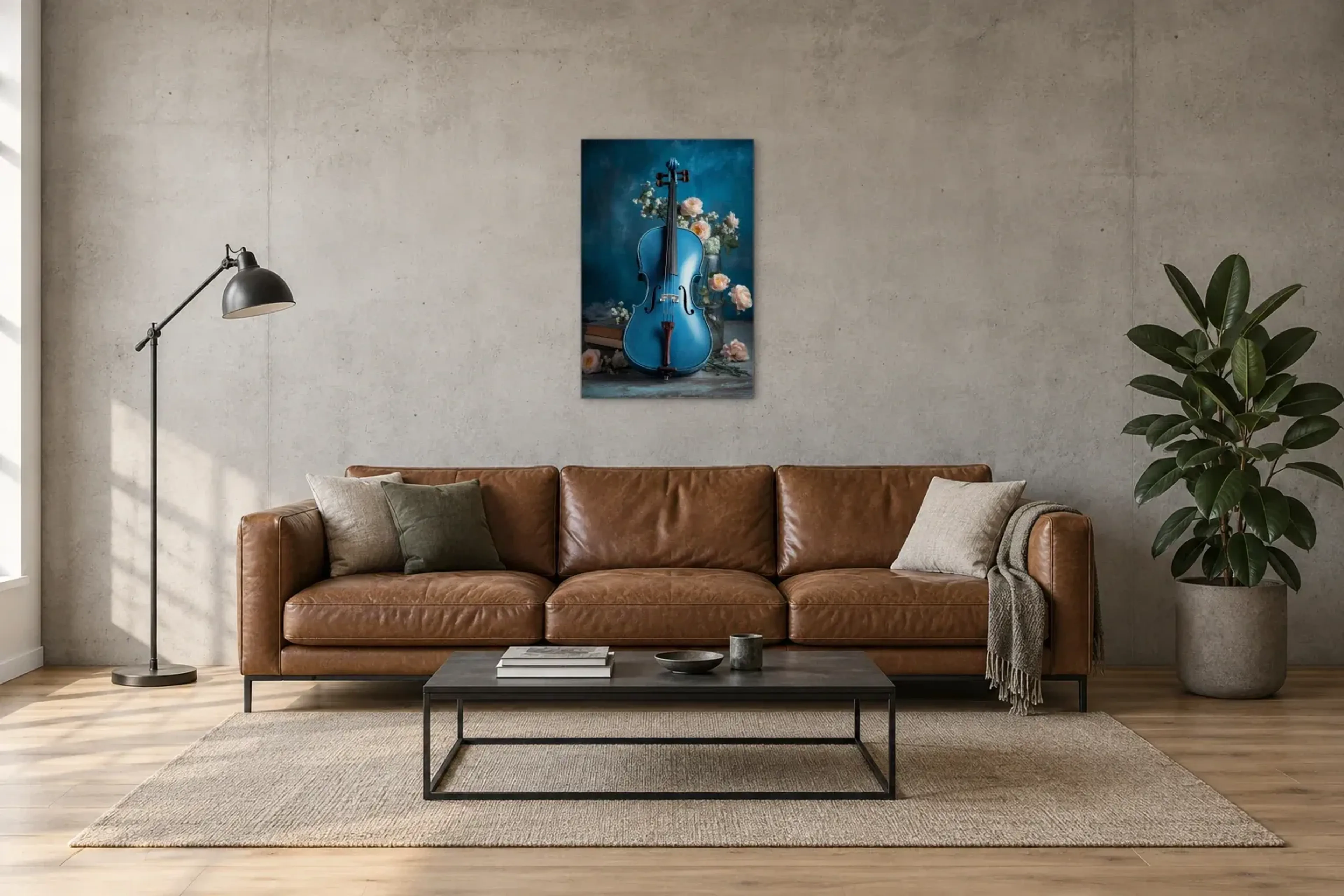Blaue Geige als Wandbild über einem 220-cm-Sofa