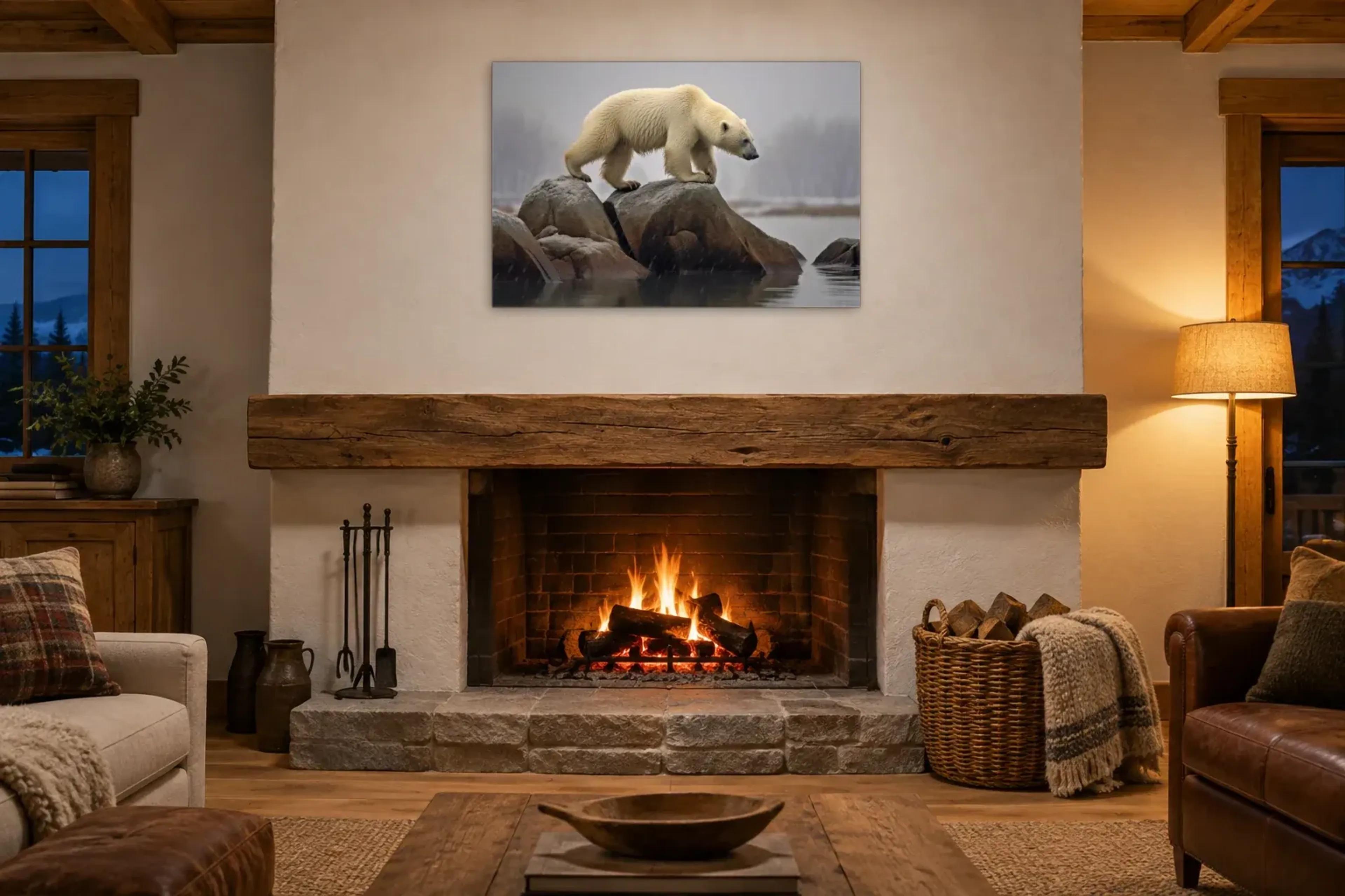 Eisbär auf Felsen als Wandbild über einem 180-cm-Kaminsims