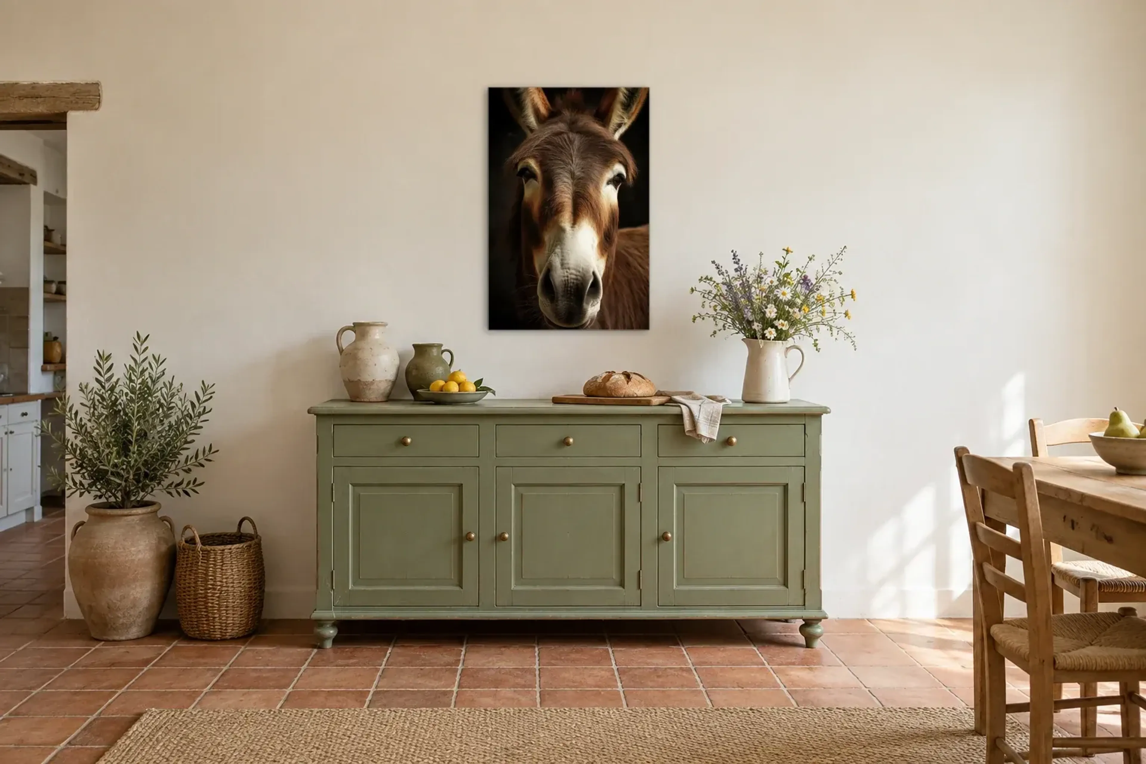 Portrait Esel als Wandbild über einer 160-cm-Anrichte