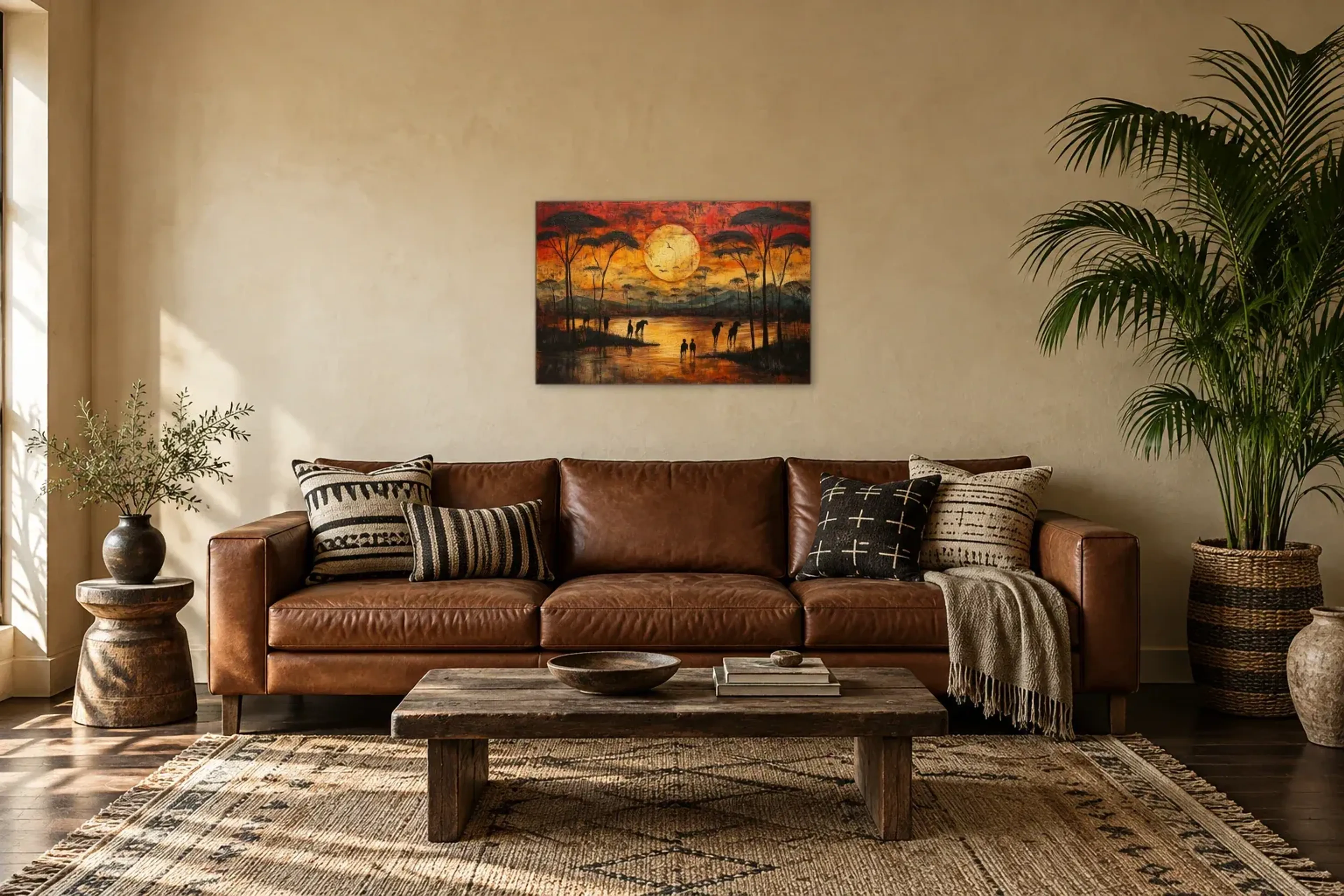 Abend am Wasser als Wandbild über einem 220-cm-Sofa
