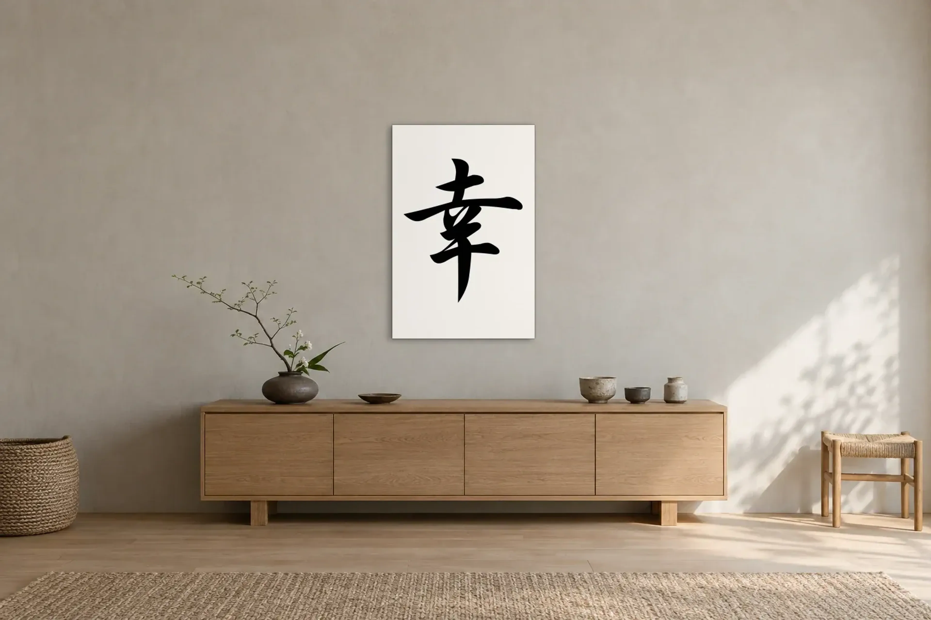 Freude in Schwarz-Weiß als Wandbild über einem 180-cm-Sideboard
