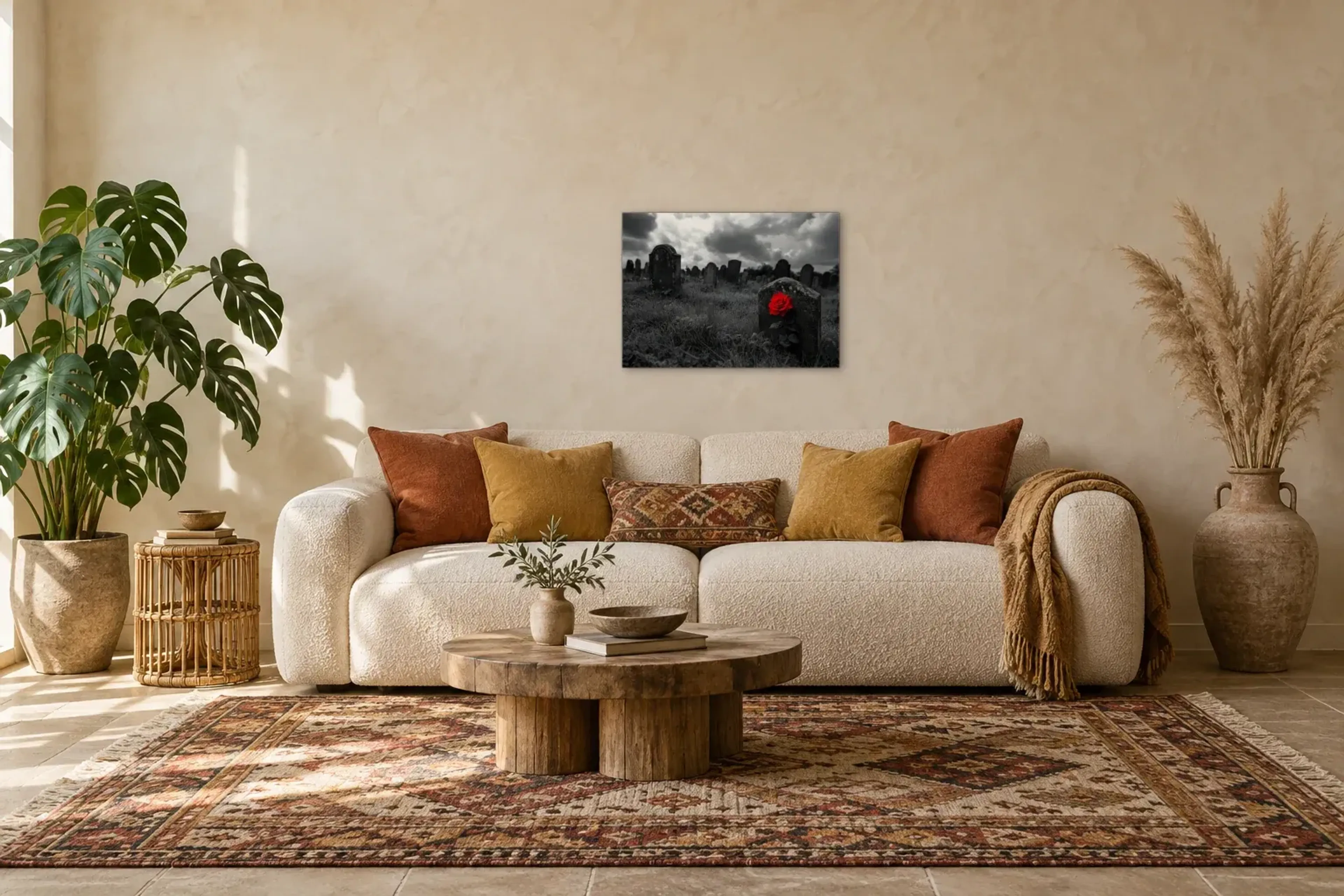 Rose am Grabstein als Wandbild über einem 220-cm-Sofa