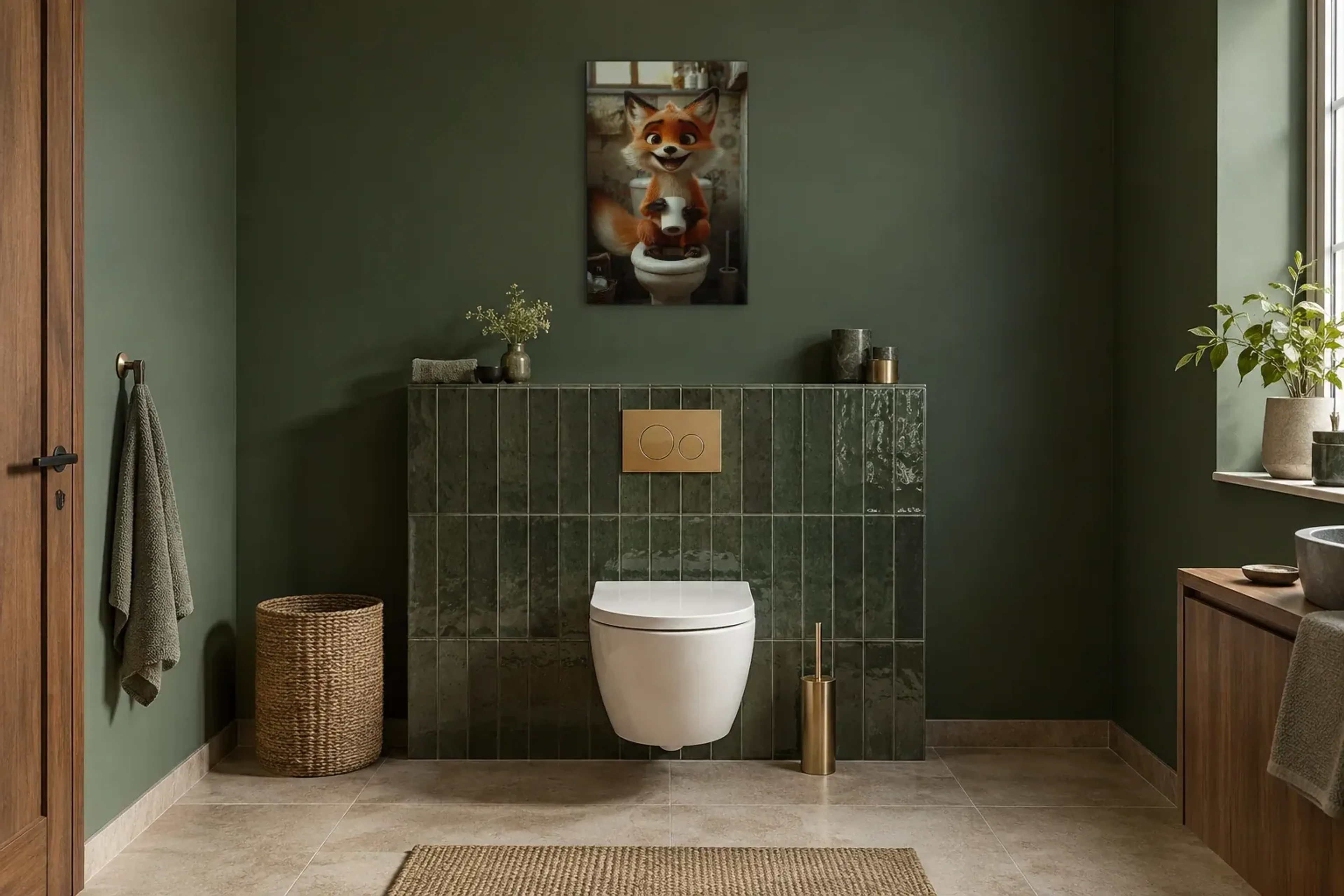 Fuchs mit Klopapier als Wandbild im Gäste-WC
