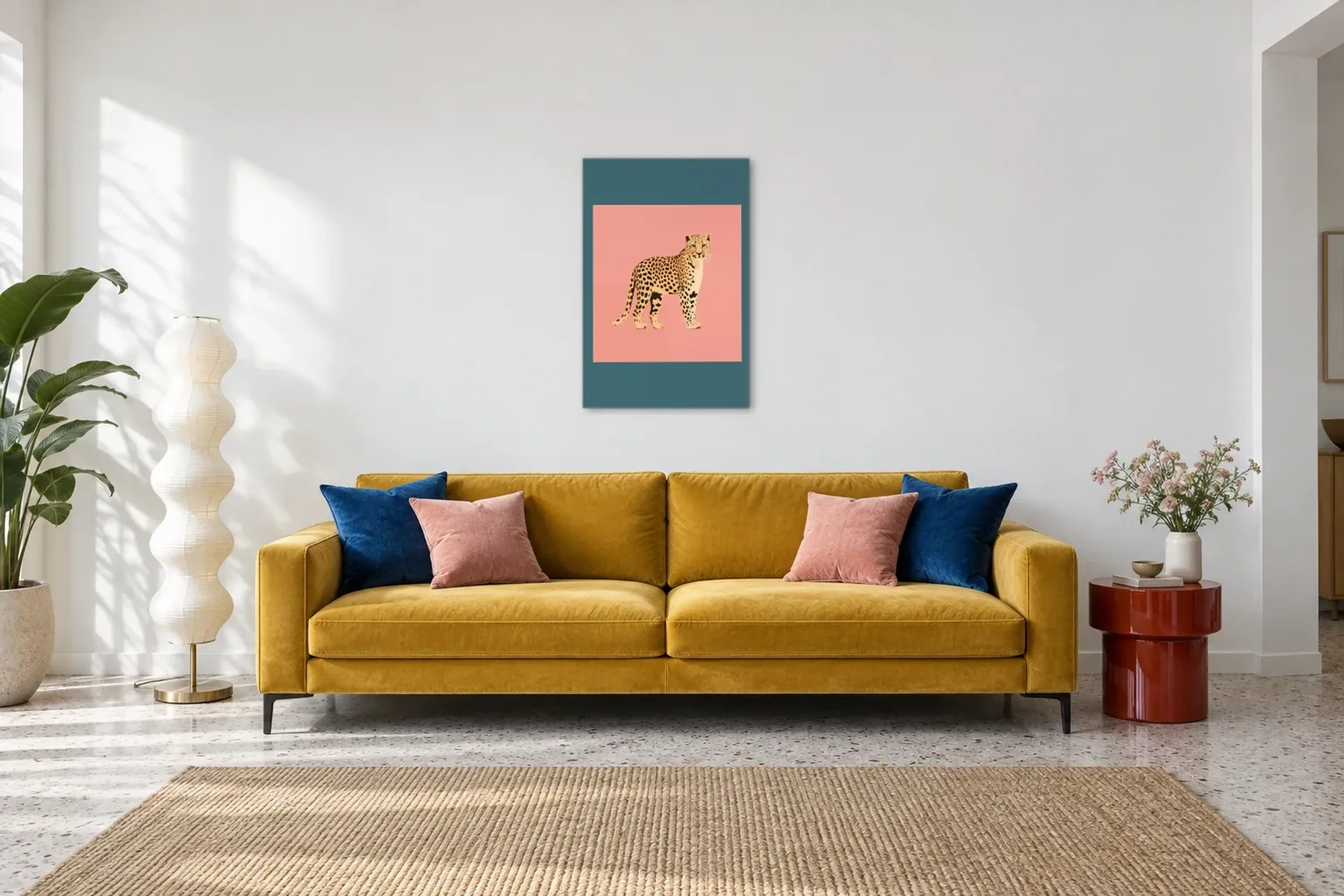 Leopard in Rosa und Petrol als Wandbild über einem 220-cm-Sofa