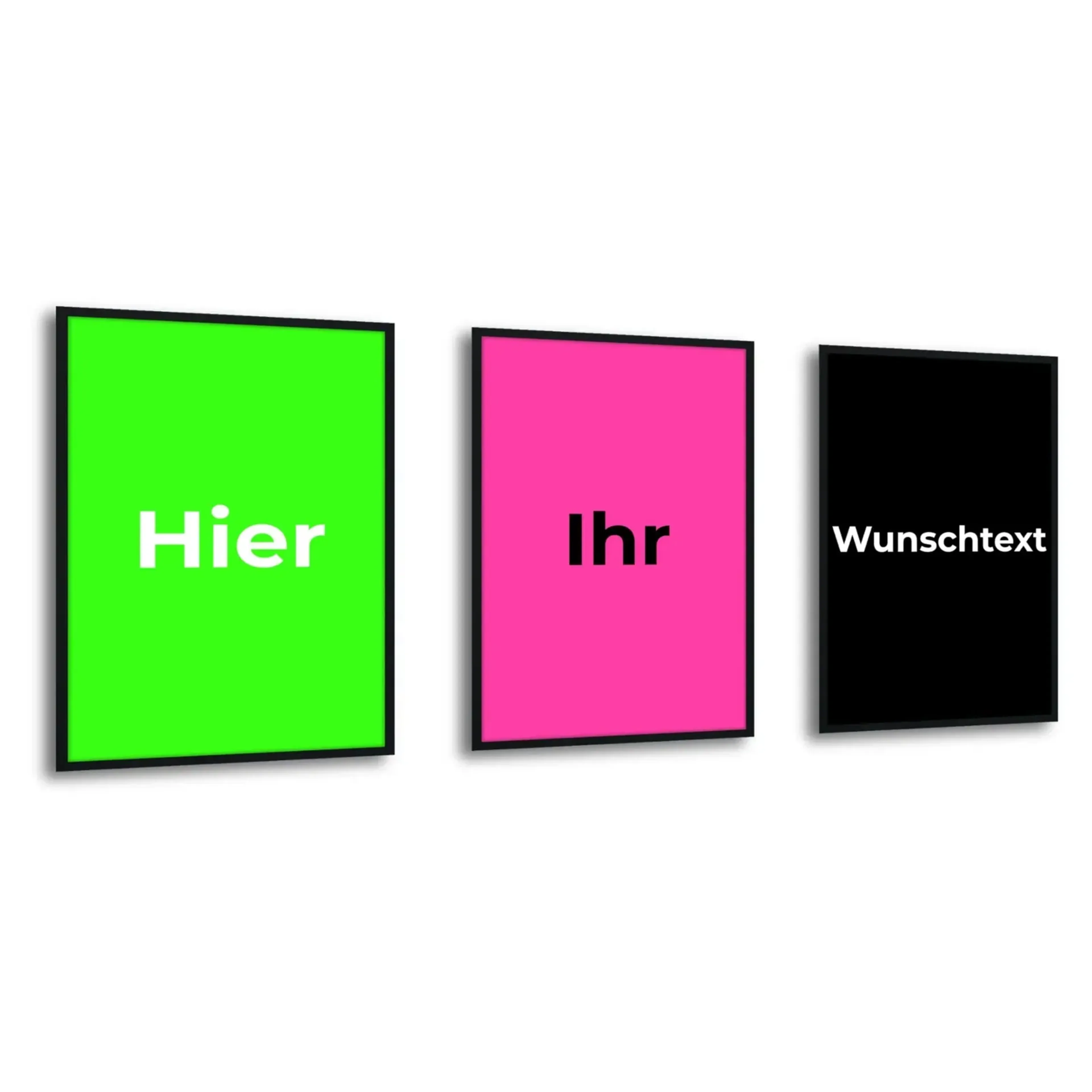 Drei dunkel umrandete Rechtecke in Grün, Pink und Schwarz mit dem Beispieltext Hier Ihr Wunschtext.