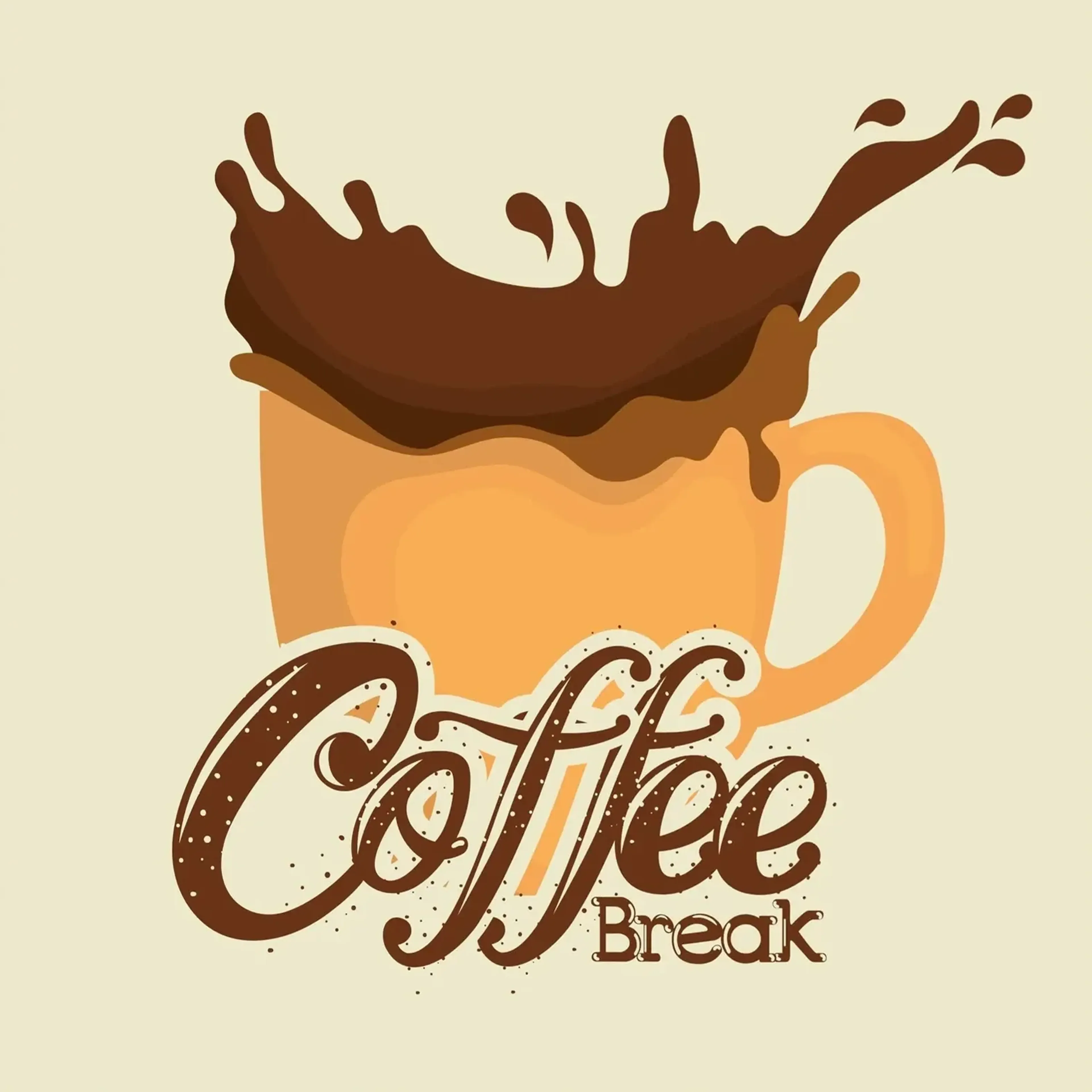 Orangefarbene Tasse mit braunem Kaffeespritzer und dem Schriftzug „Coffee Break“ auf cremefarbenem Grund.