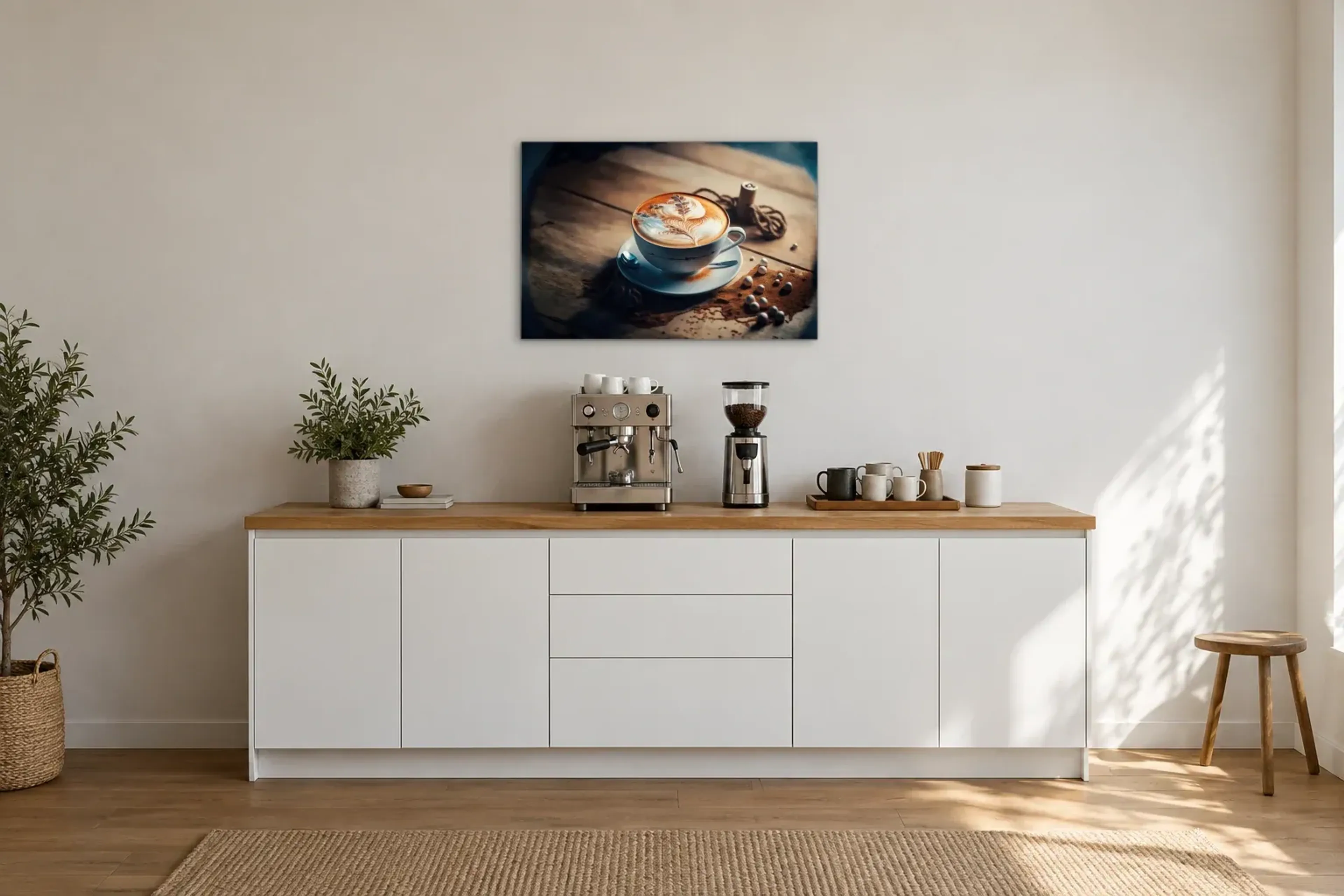 Kaffee mit Blattmuster als Wandbild über einer 200-cm-Arbeitsplatte