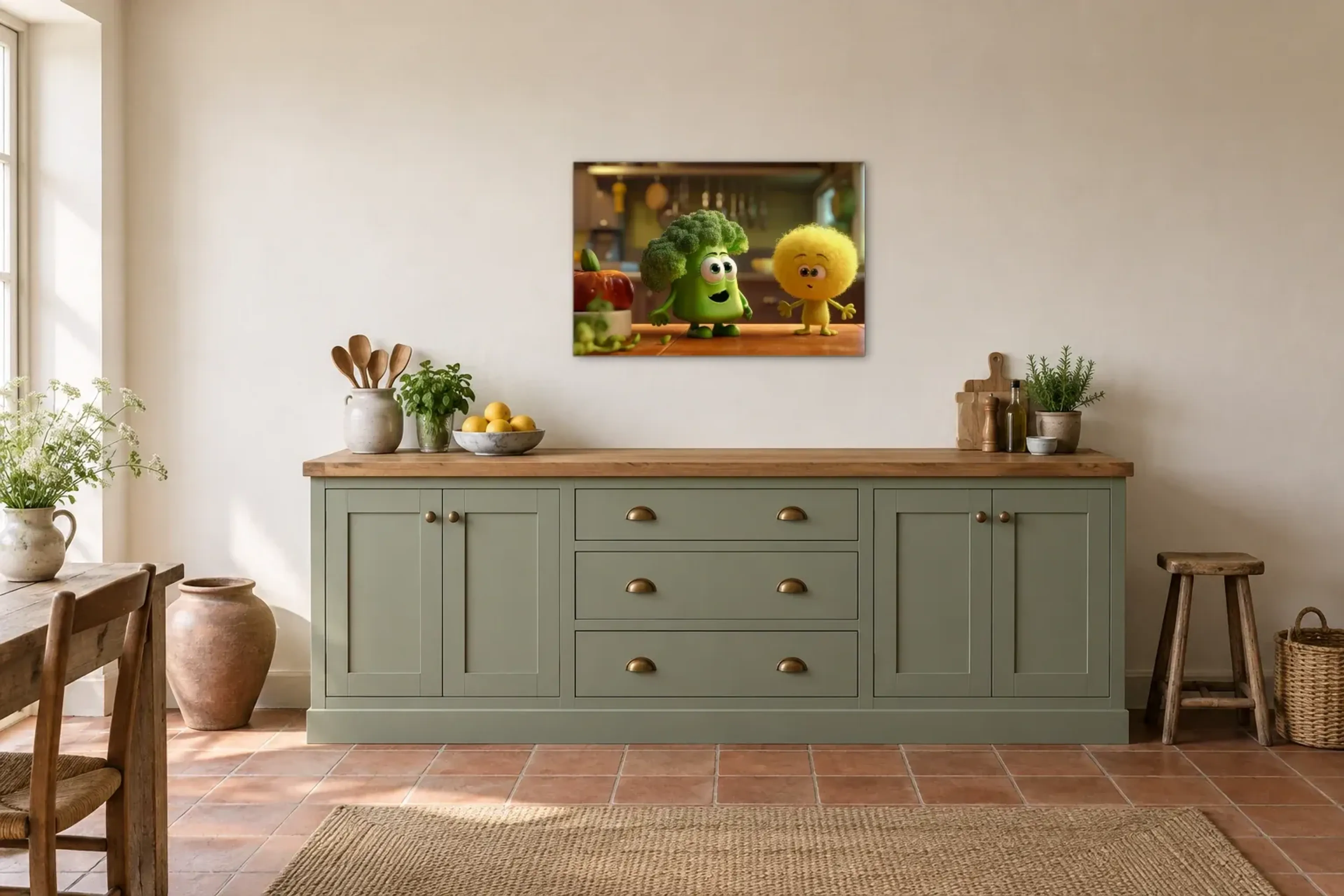 Brokkoli und Wuschelfreund als Wandbild über einer 200-cm-Arbeitsplatte