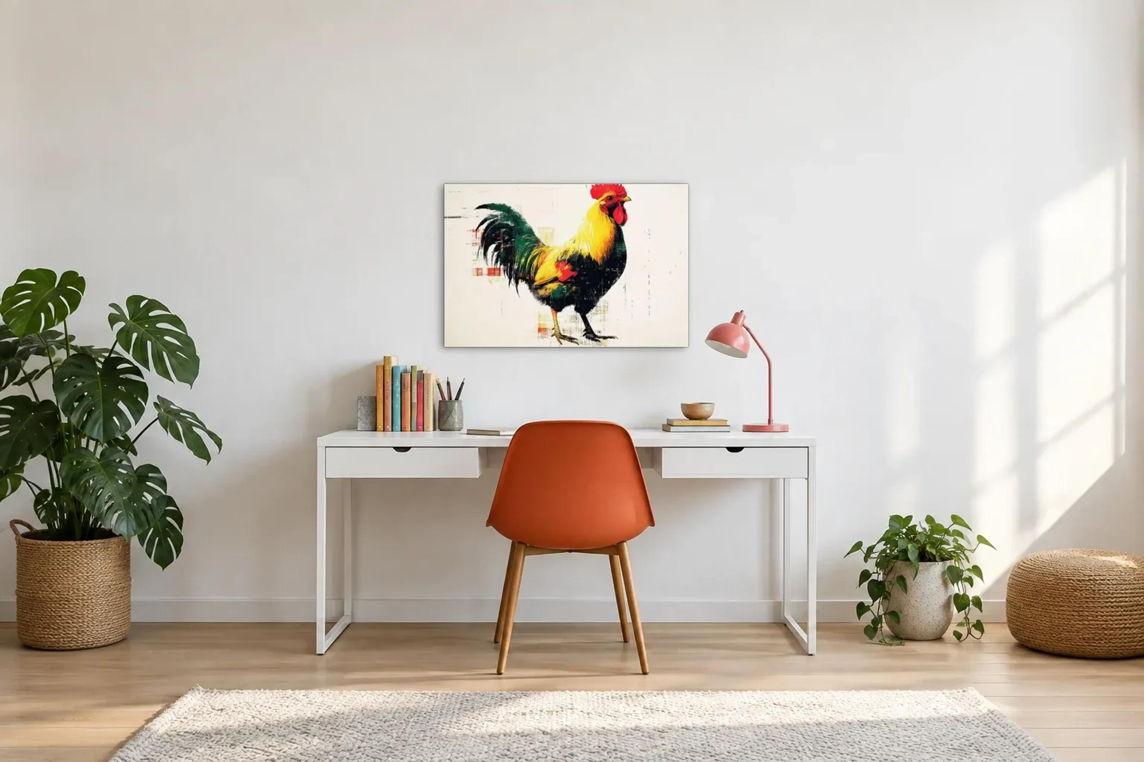 Hahn mit rotem Kamm als Wandbild über einem 140-cm-Schreibtisch