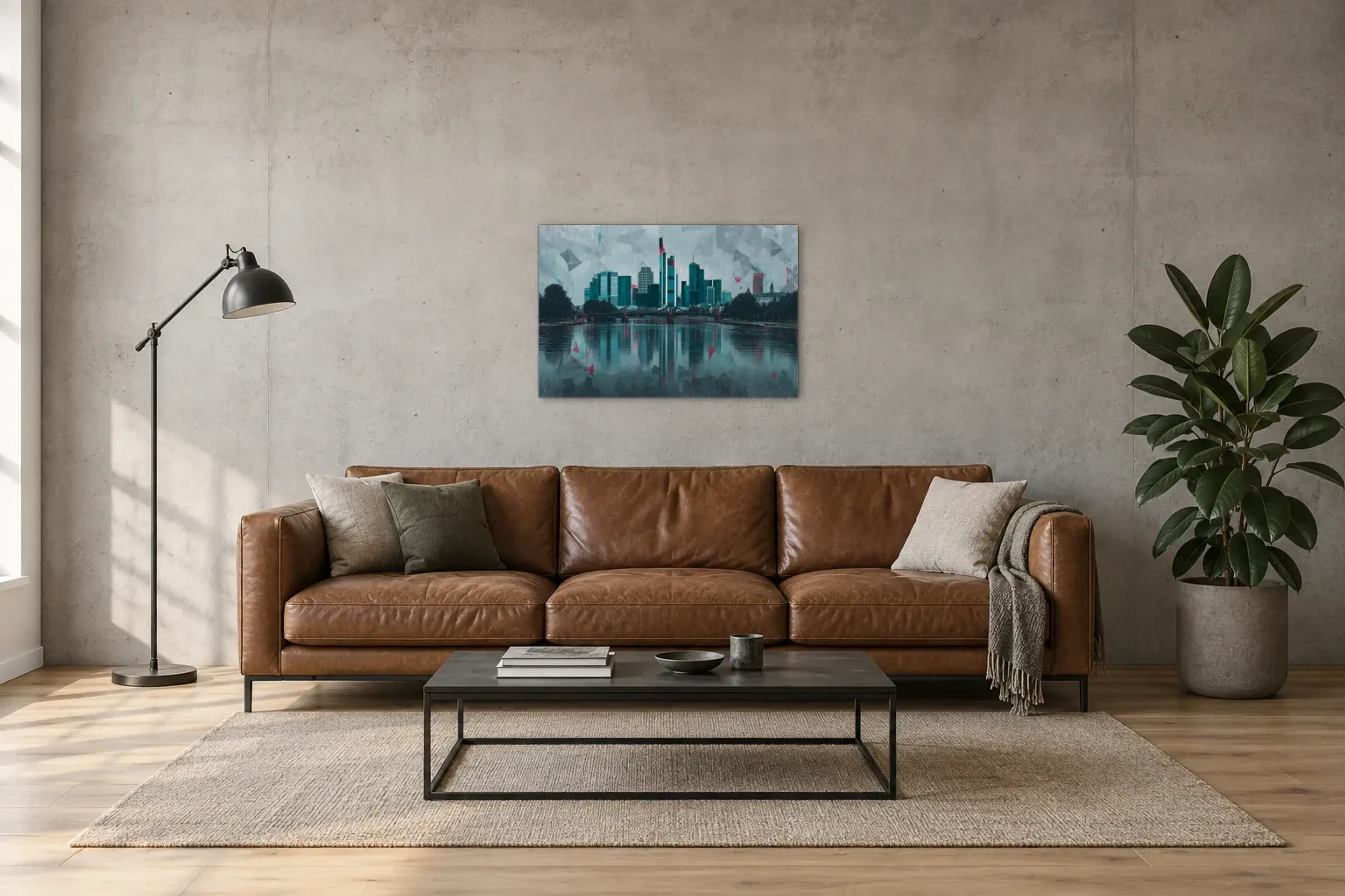Frankfurt in Petrol als Wandbild über einem 220-cm-Sofa