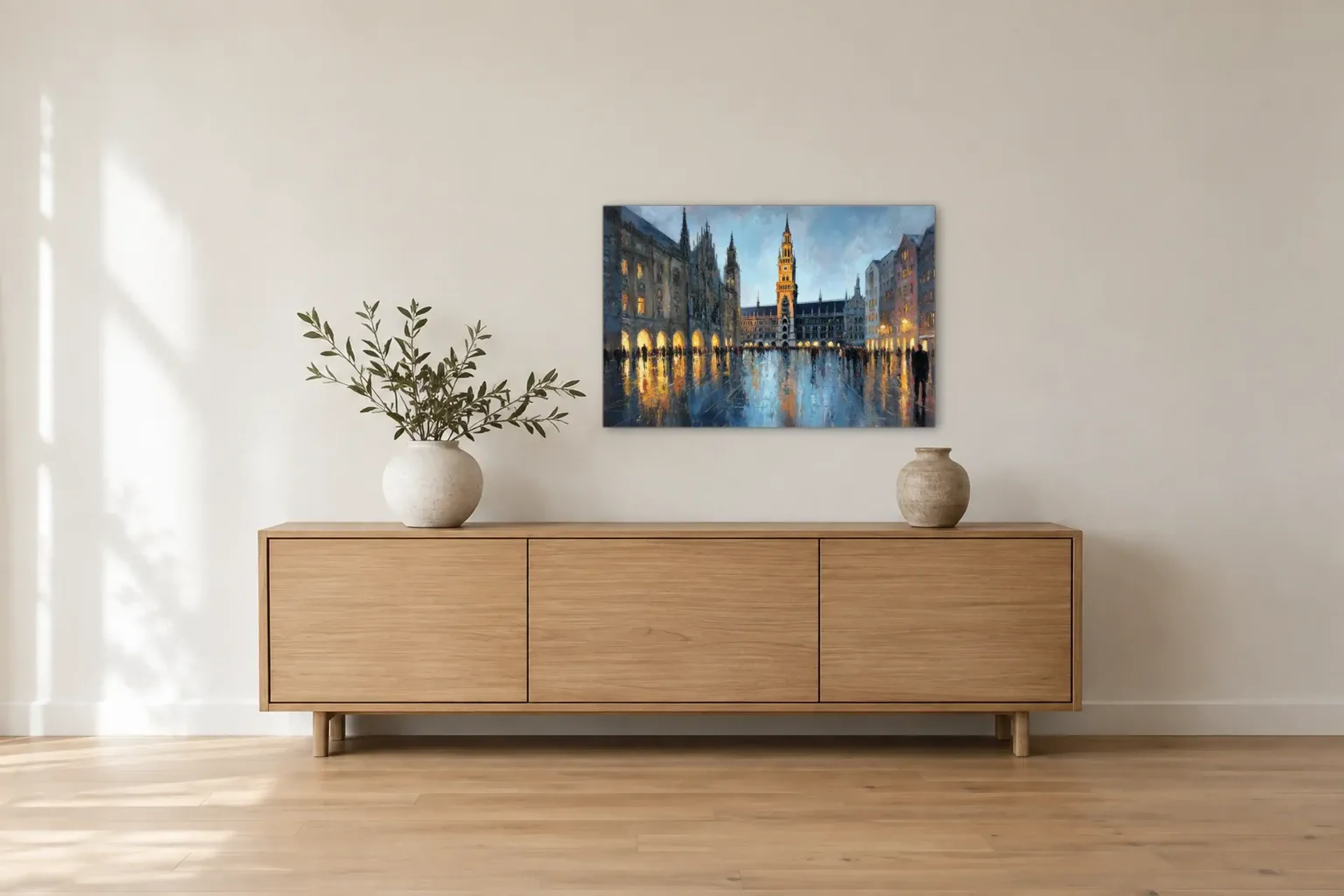 Goldenes Licht am Rathaus als Wandbild über einem 180-cm-Sideboard