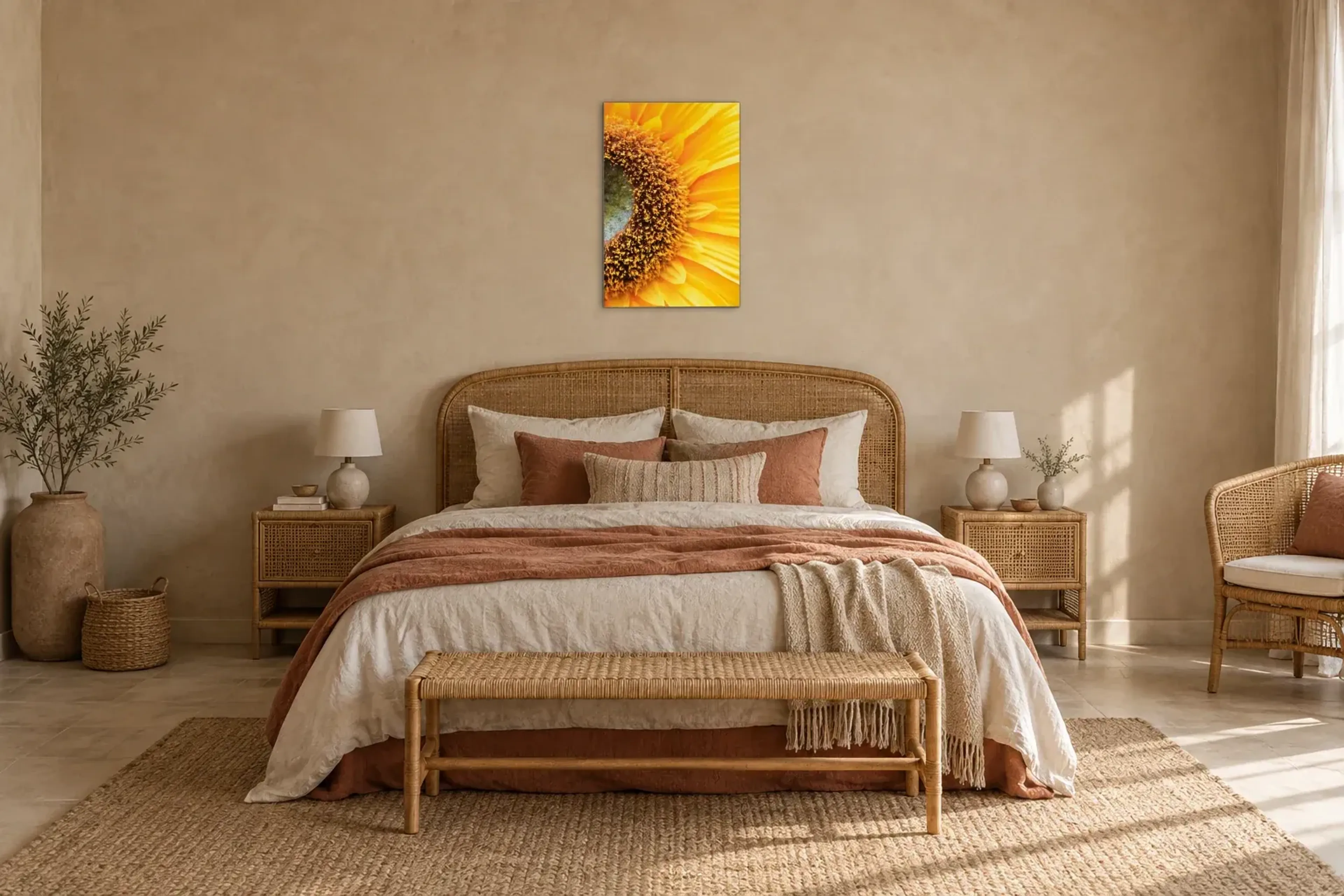 Nahaufnahme Sonnenblume als Wandbild über einem 180-cm-Bett