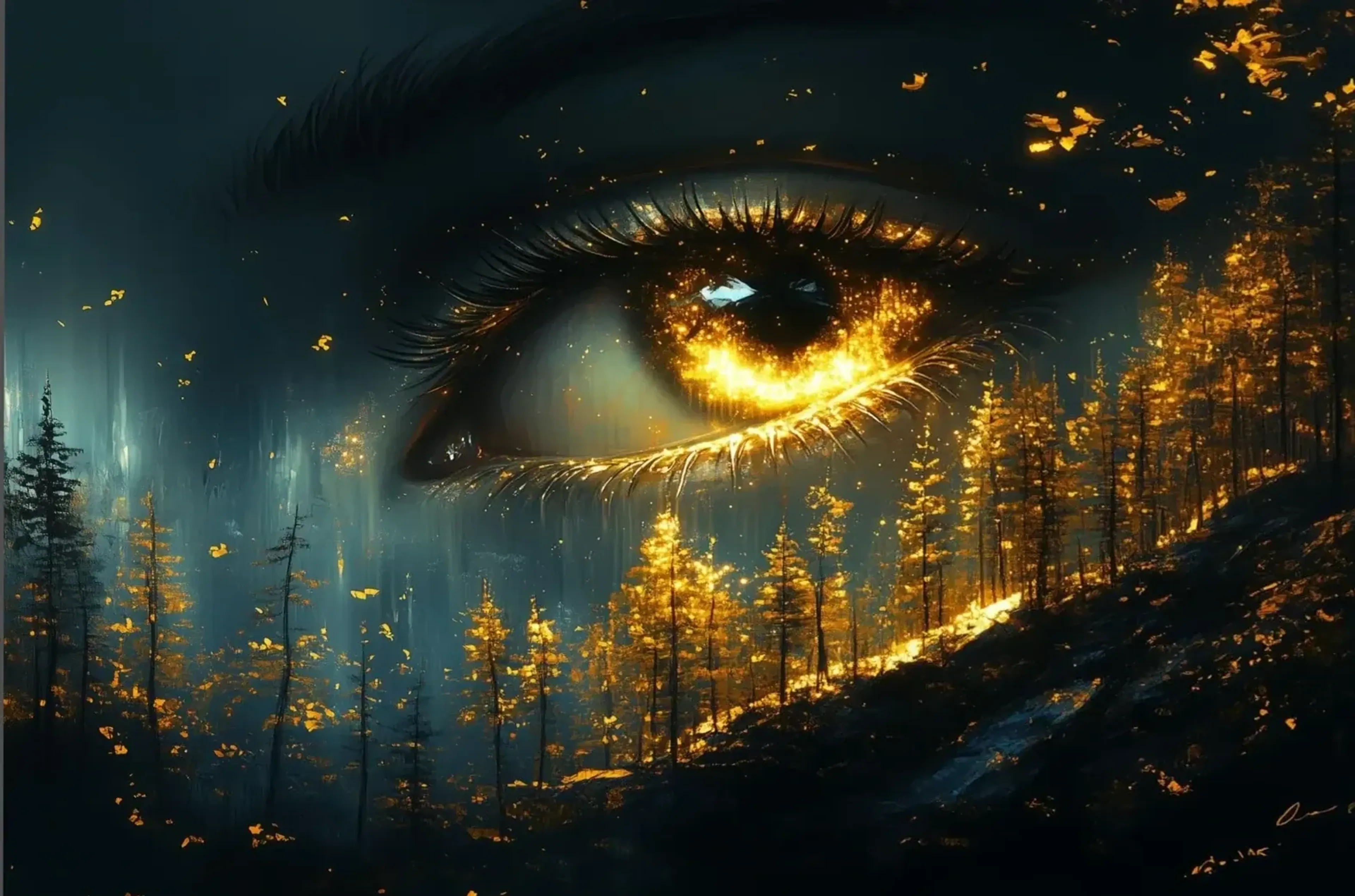 Ein großes Auge mit goldleuchtender Iris verschmilzt mit einem dunklen Wald voller goldener Blätter.